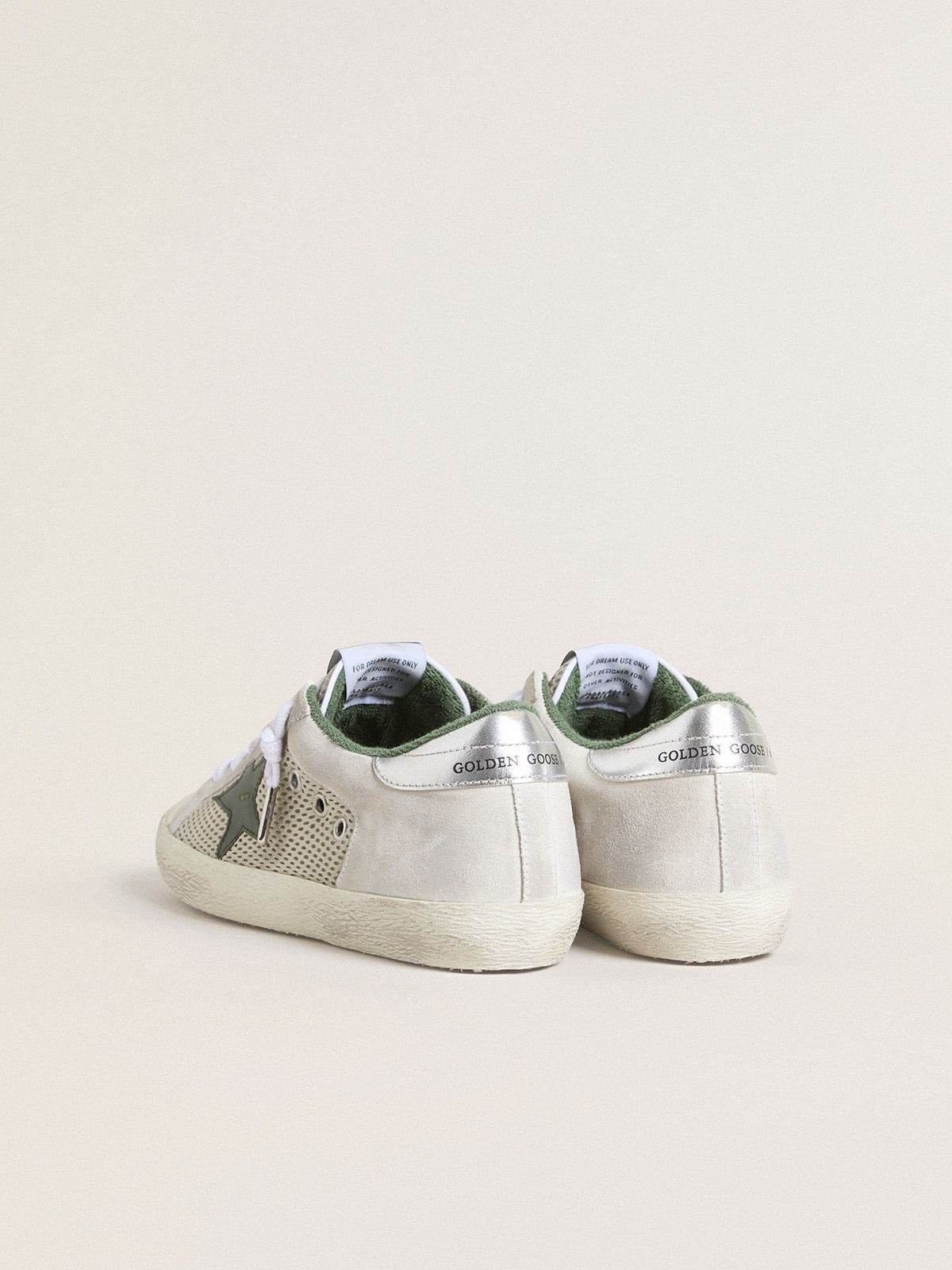 Women | Super-Star Ltd White Suede & Mesh with Green Leather Star & Silver Foiled Leather Heel Tab | White x Green x Silver
