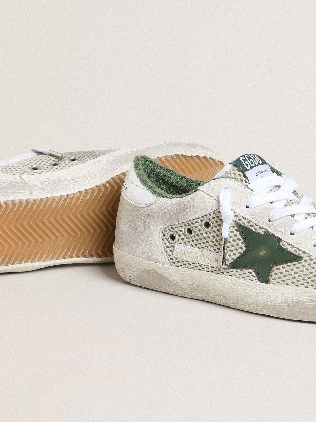 Women | Super-Star Ltd White Suede & Mesh with Green Leather Star & Silver Foiled Leather Heel Tab | White x Green x Silver - Image 6