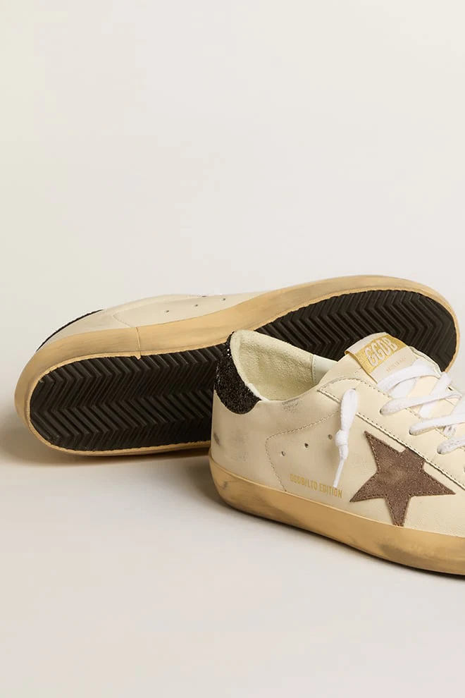 Women | Super-Star Ltd with Laminated Leather Star & Black Glitter Heel Tab | White x Light Brown x Black - Image 2