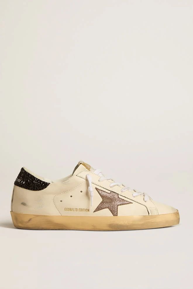 Women | Super-Star Ltd with Laminated Leather Star & Black Glitter Heel Tab | White x Light Brown x Black - Image 7