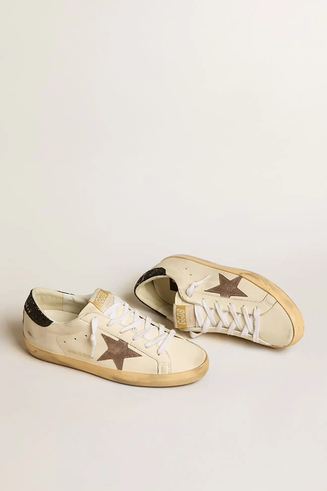 Women | Super-Star Ltd with Laminated Leather Star & Black Glitter Heel Tab | White x Light Brown x Black - Image 8