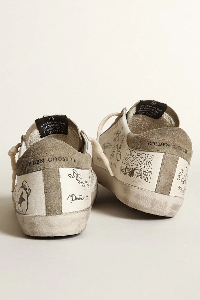 Women | Super-Star Nappa with Gray Star & Heel Tab & Black Lettering | White x Taupe
