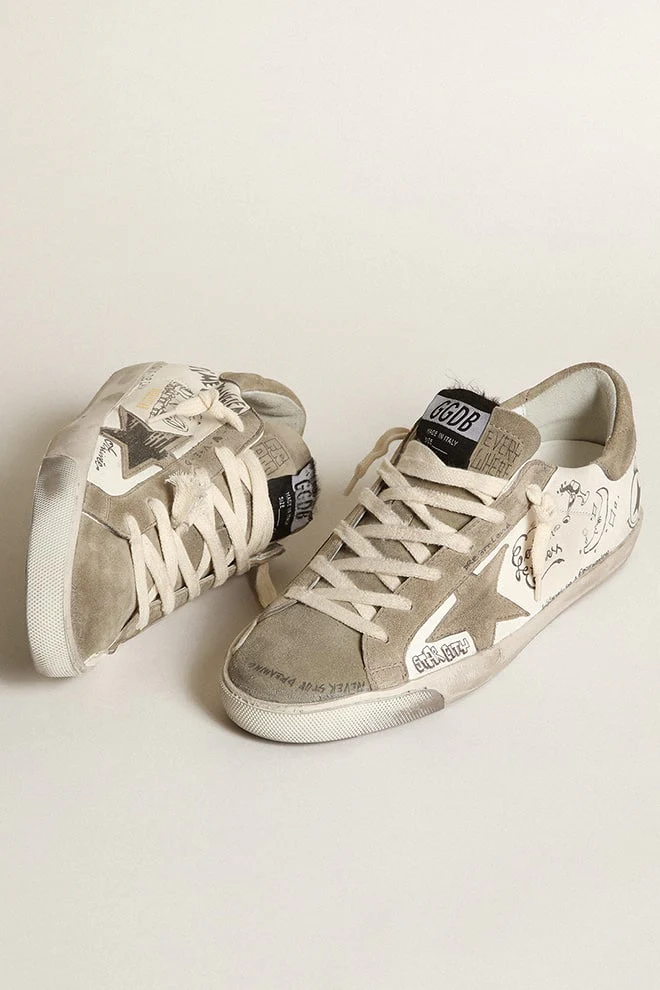 Women | Super-Star Nappa with Gray Star & Heel Tab & Black Lettering | White x Taupe - Image 7
