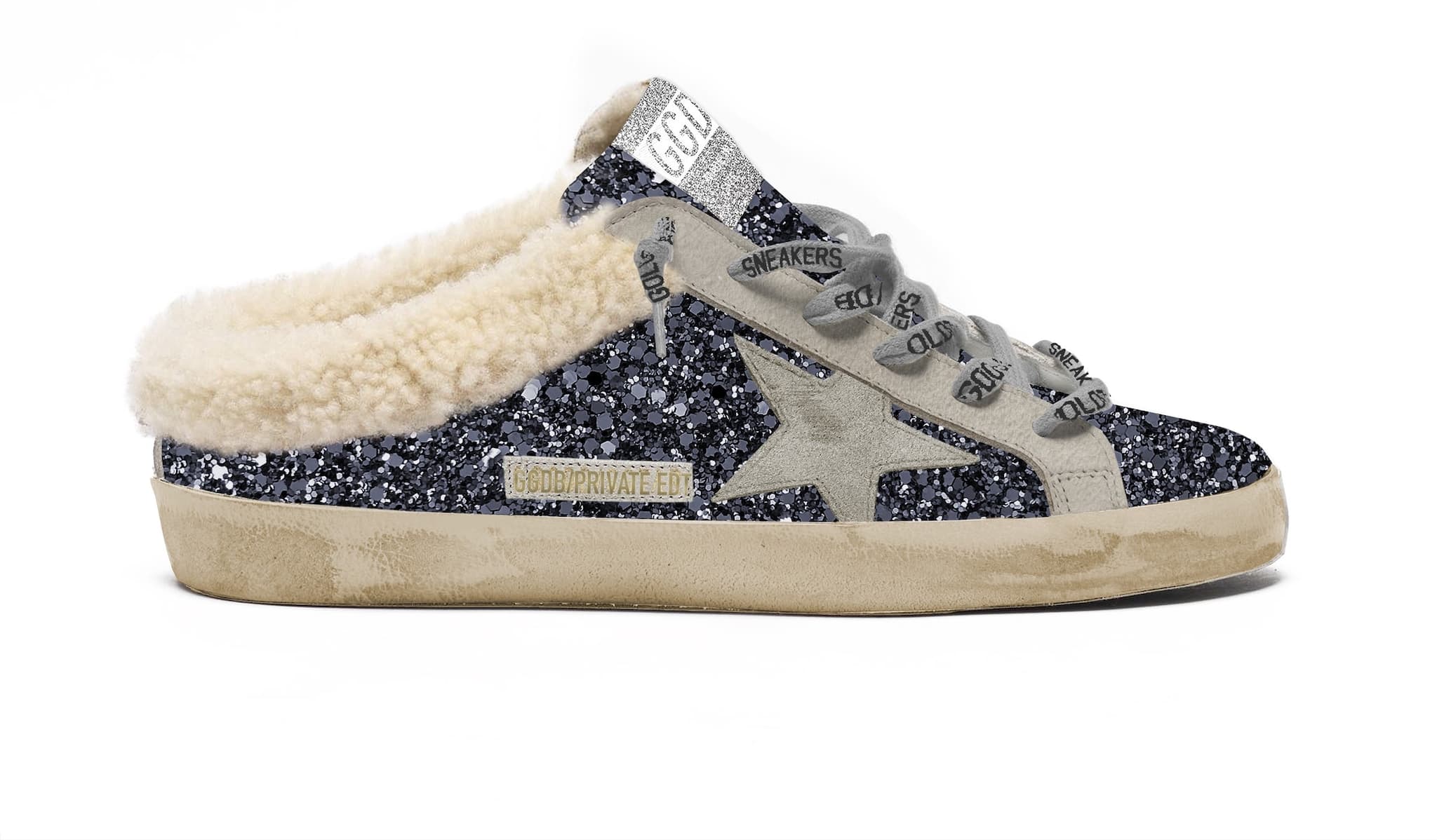 Women | Super-Star Sabot Glitter with Suede Star & Shearling Interior | Night Blue x Taupe x Beige