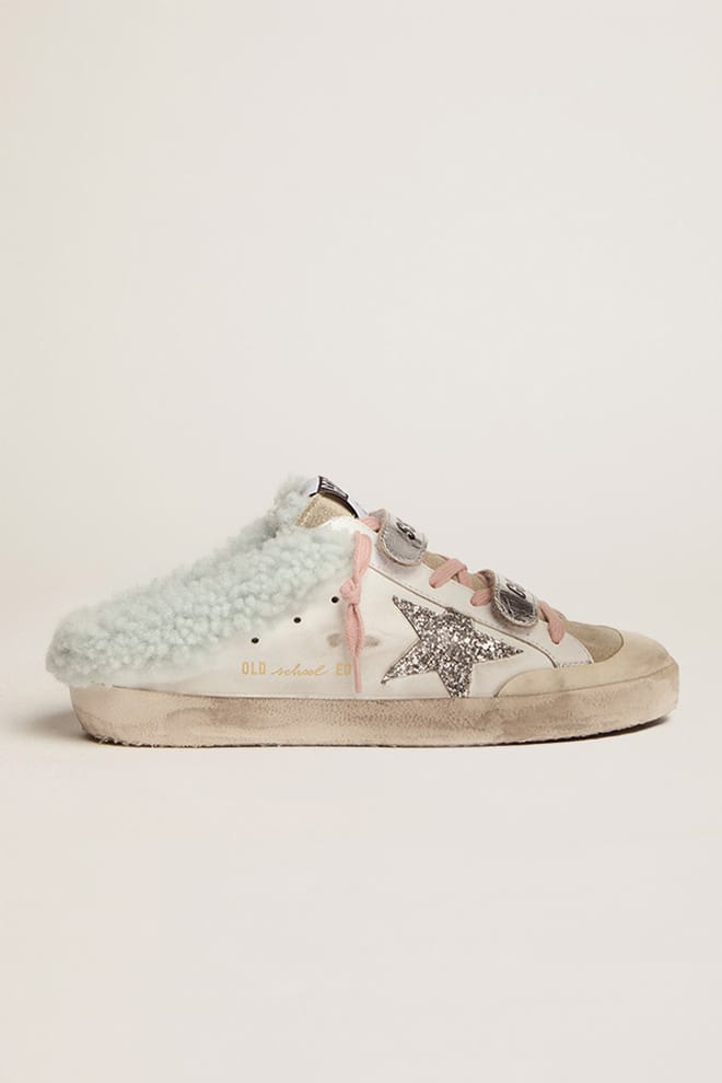 Women | Super-Star Sabot School Sneakers Leather with Silver Glitter Star & Shearling Interior | White x Ice x Silver x Light Blue - Image 2