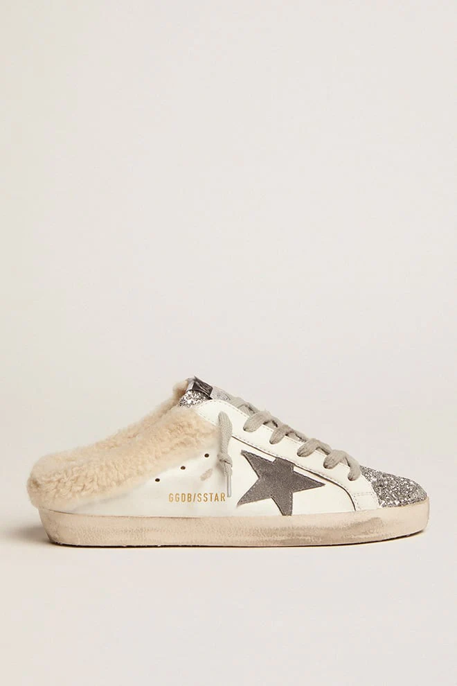 Women | Super-Star Sabot Sneakers Leather with Glitter Tongue & Shearling Interior | White x Silver x Dark Grey x Beige - Image 2