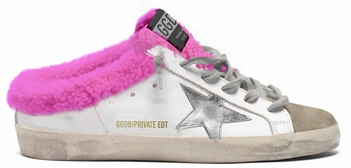 Women | Super-Star Sabot Sneakers Leather with Laminated Star & Fuchsia Shearling Interior | White x Sand x Silver x Fuxia