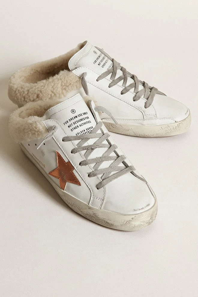 Women | Super-Star Sabot Sneakers White Leather with Bronze Star & Internal Shearling | White x Chocolate Brown x Beige - Image 2