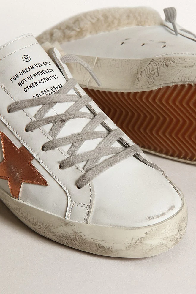 Women | Super-Star Sabot Sneakers White Leather with Bronze Star & Internal Shearling | White x Chocolate Brown x Beige - Image 3