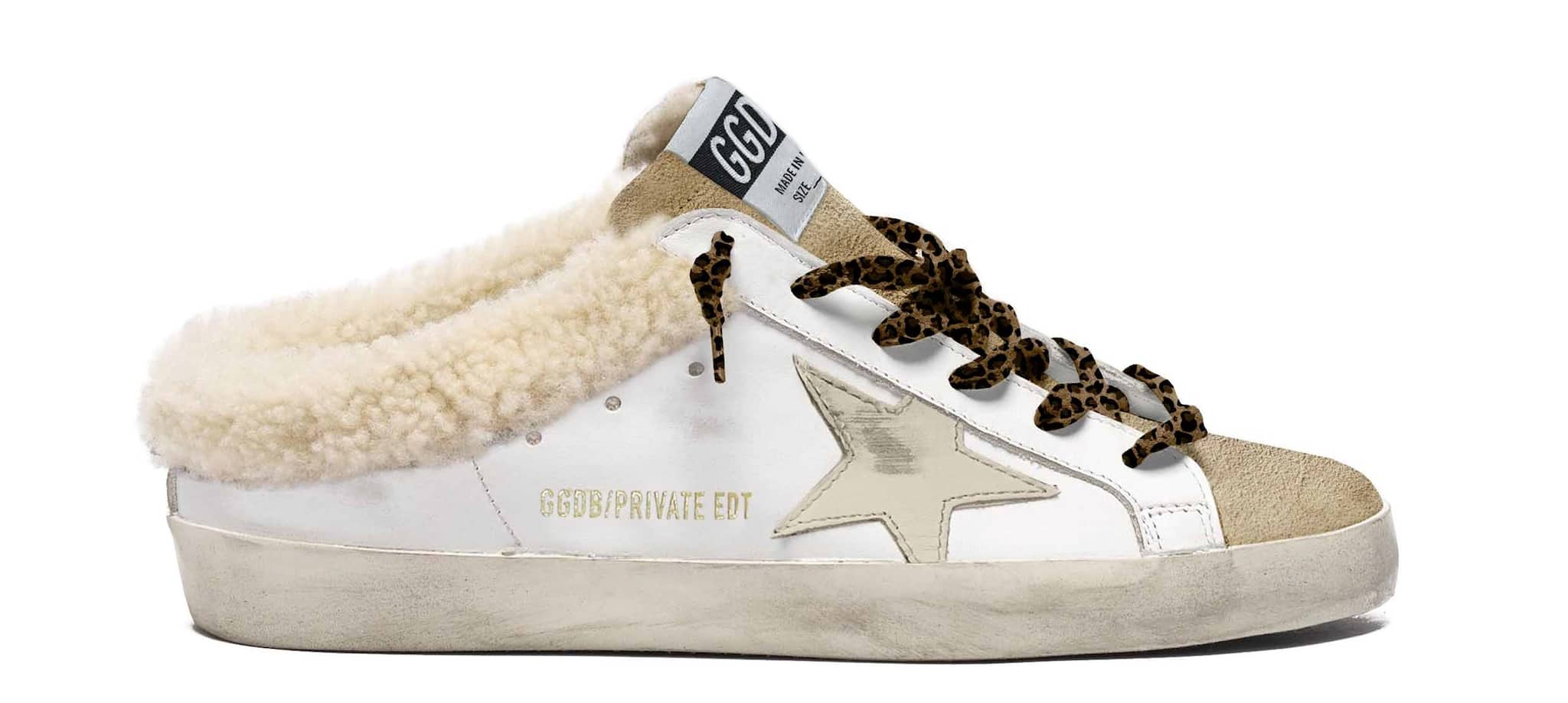 Women | Super-Star Sabot Sneakers White Leather with Gold Leather Star & Internal Shearling | White x Tobacco x Beige