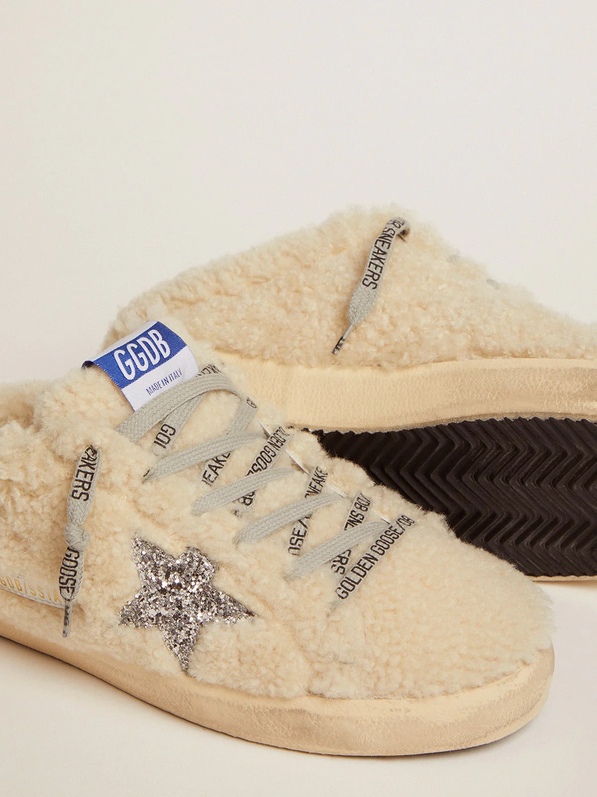 Women | Super-Star Sabot White Shearling & Glitter Star | Natural White x Silver - Image 4