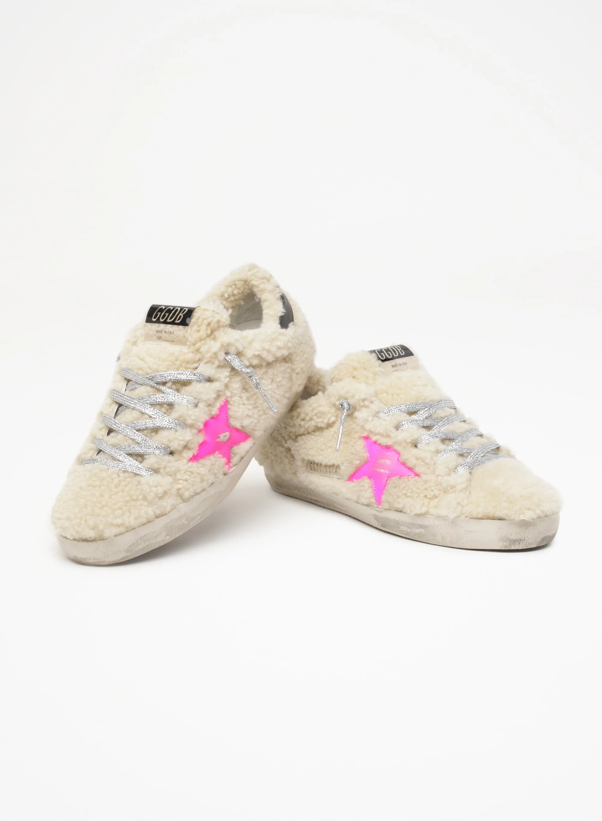 Women | Super-Star Sneakers Beige Shearling with Pink Star & Black Heel Tab | Beige x Fluo Fuxia x Night Blue - Image 2