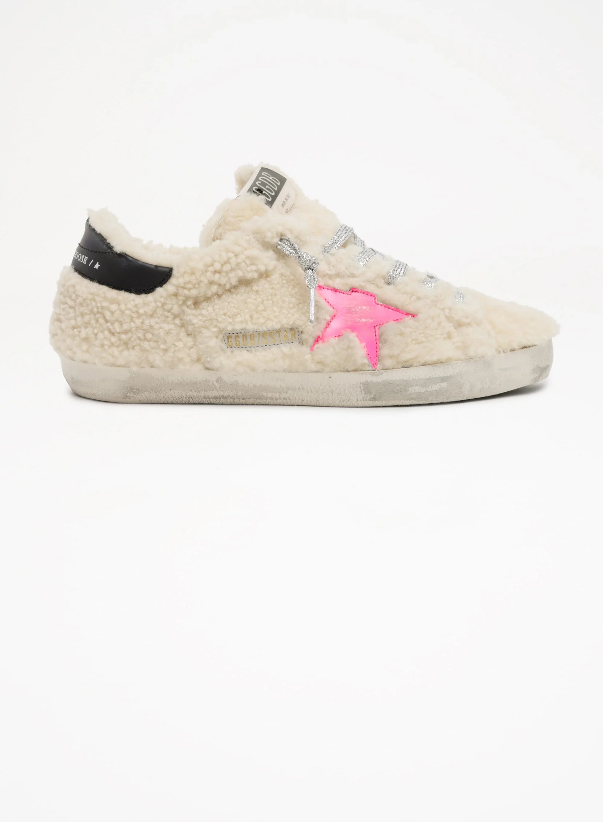 Women | Super-Star Sneakers Beige Shearling with Pink Star & Black Heel Tab | Beige x Fluo Fuxia x Night Blue - Image 8