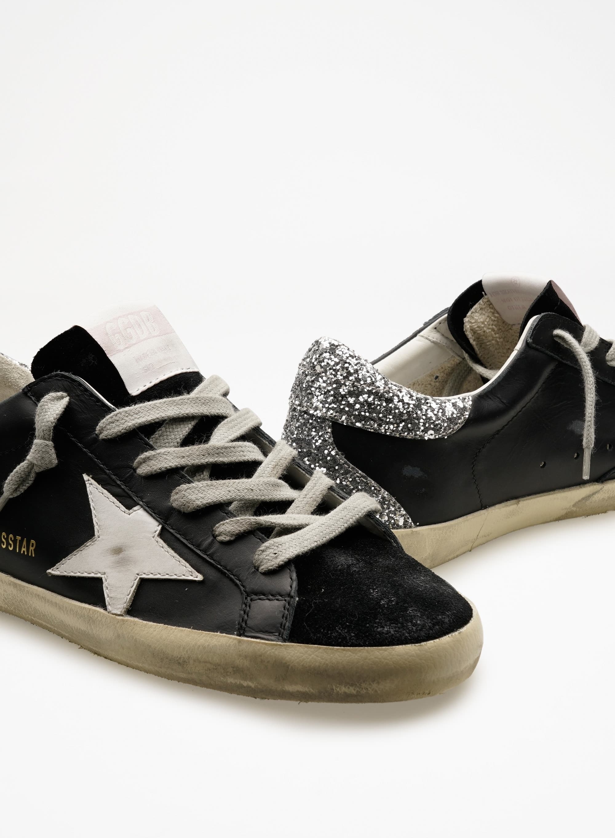 Women | Super-Star Sneakers Black Leather & Velvet with White Star & Glitter Heel | Black x White x Silver