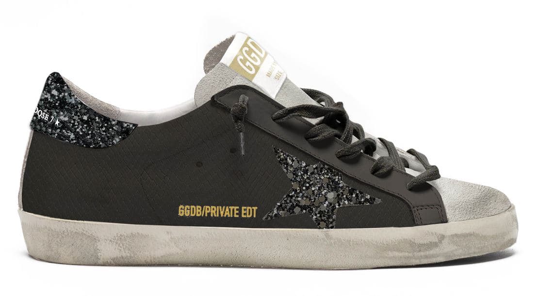 Women | Super-Star Sneakers Black Leather with Black Glitter Star & Heel Tab | Black x Ice
