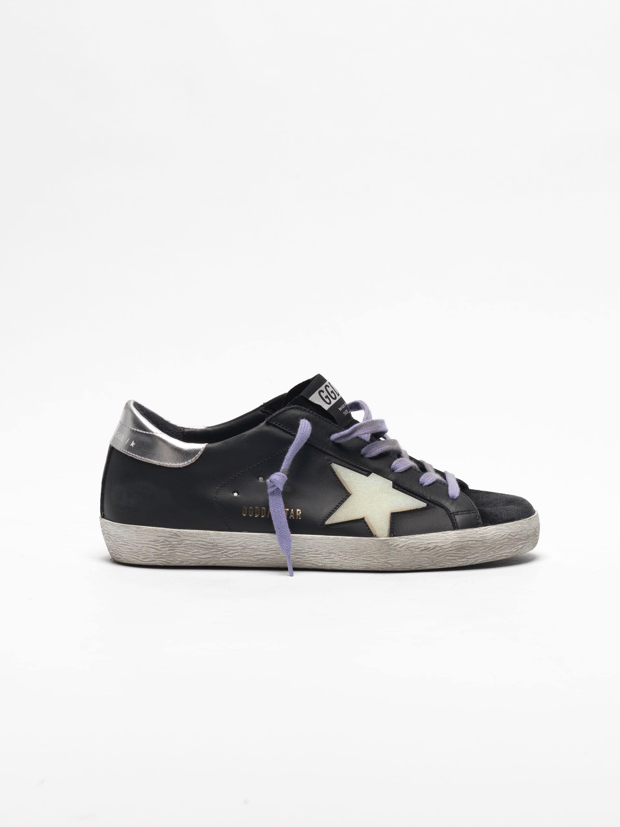 Women | Super-Star Sneakers Black Leather with Cream Star & Silver Heel Tab - Image 2