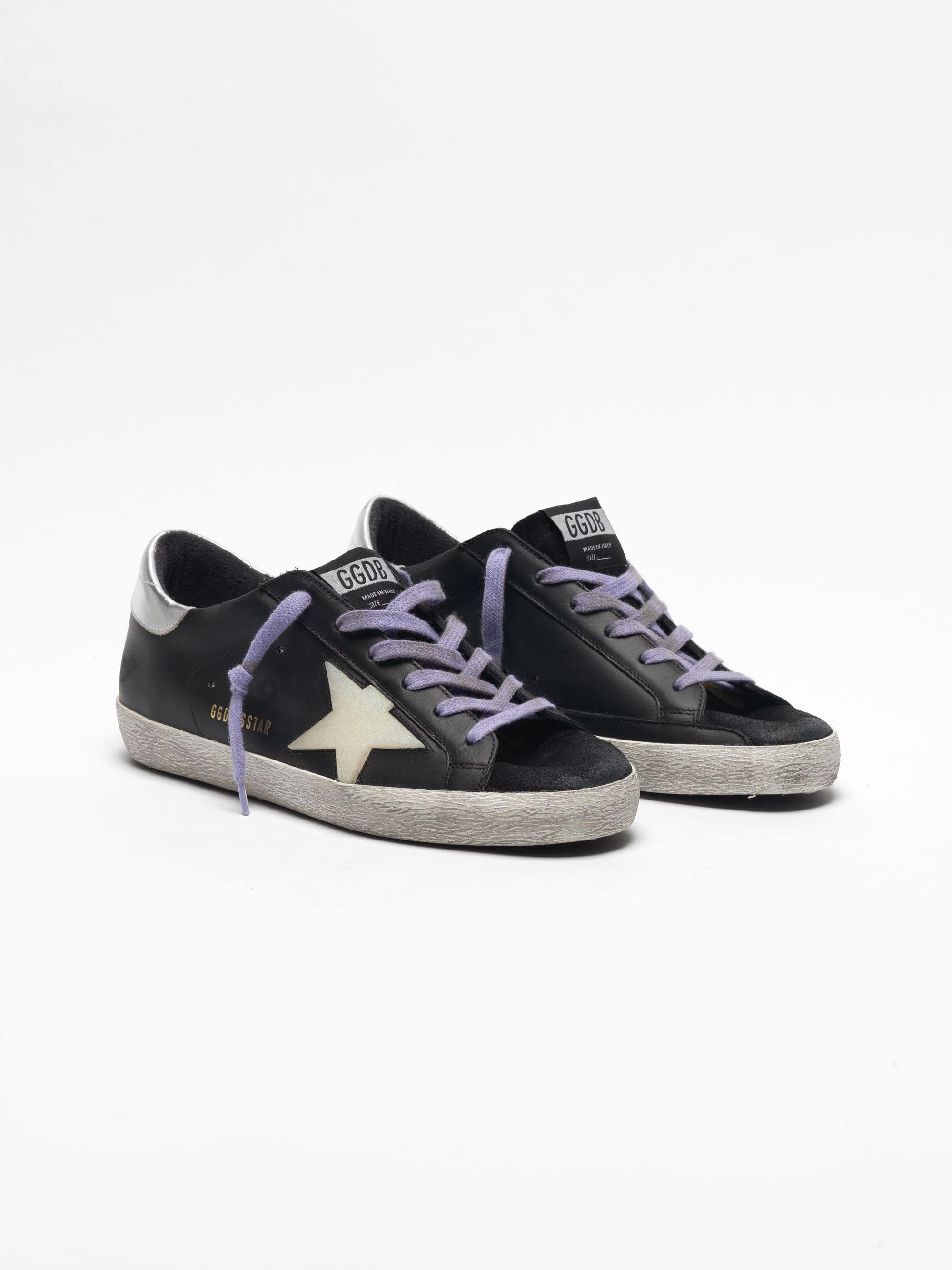 Women | Super-Star Sneakers Black Leather with Cream Star & Silver Heel Tab - Image 5