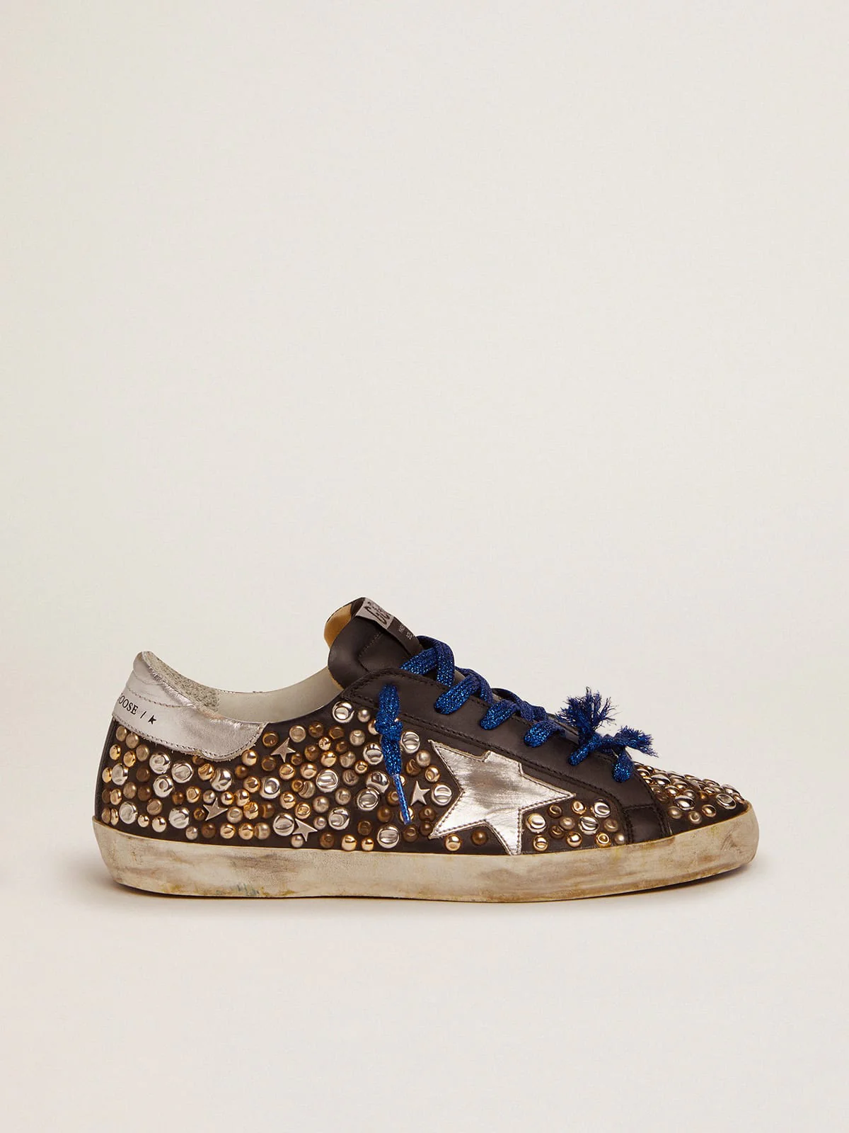 Women | Super-Star Sneakers Black Leather with Hammered Studs & Silver Laminated Leather Star | Black x Silver Gold Bronze x Silver - Image 6