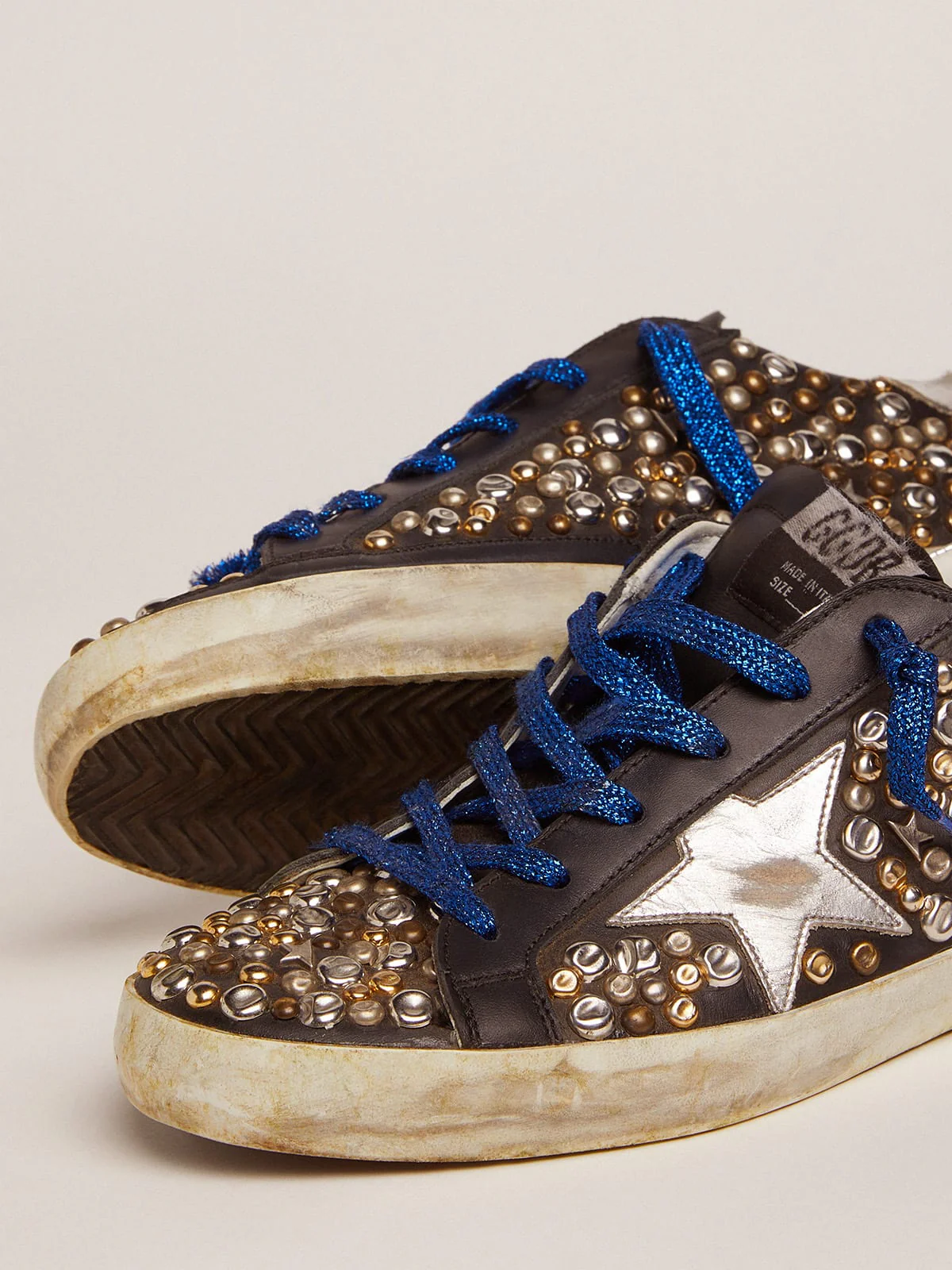 Women | Super-Star Sneakers Black Leather with Hammered Studs & Silver Laminated Leather Star | Black x Silver Gold Bronze x Silver - Image 7