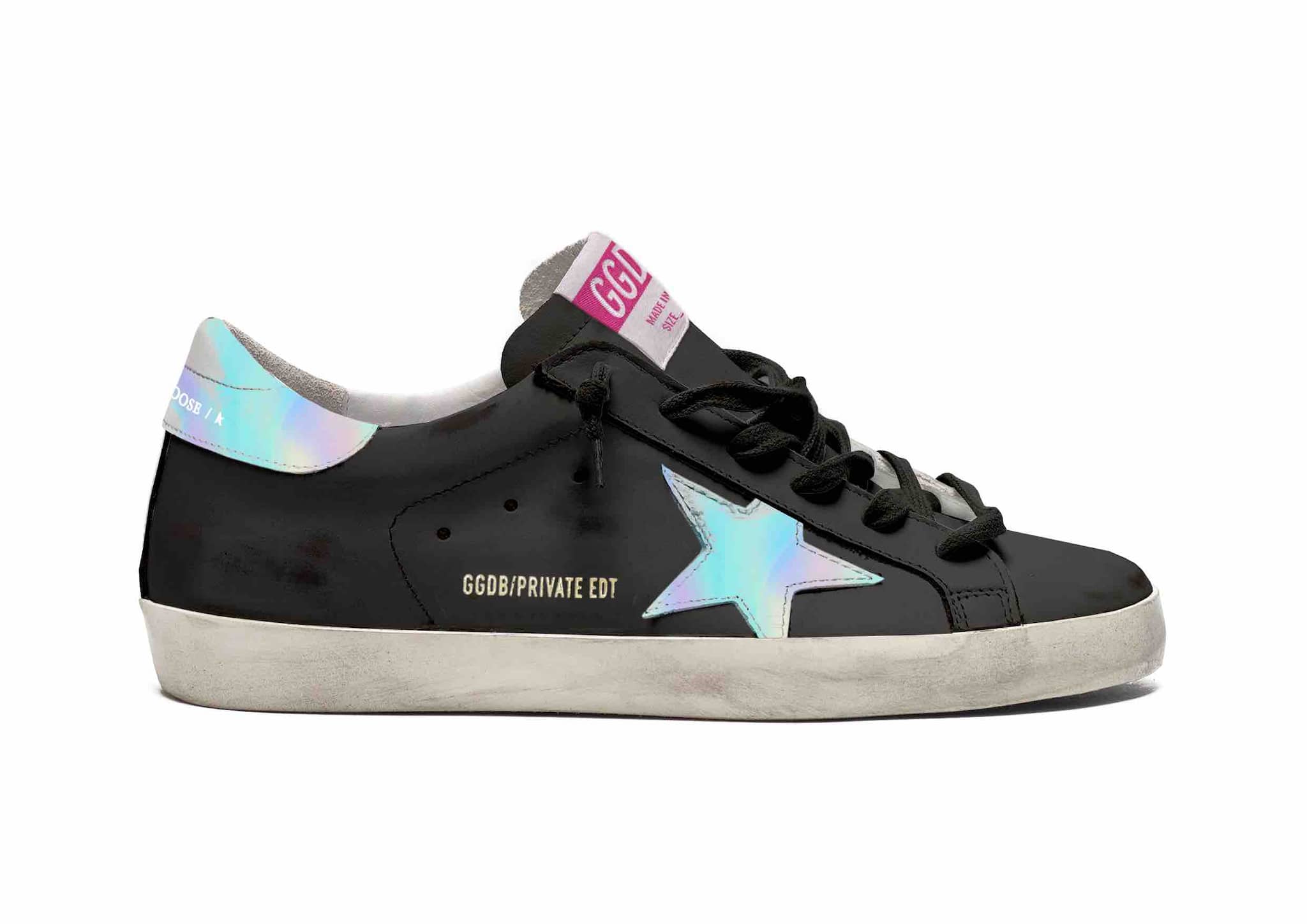 Women | Super-Star Sneakers Black Leather with Mirror Star & Heel Tab | Black x Silver