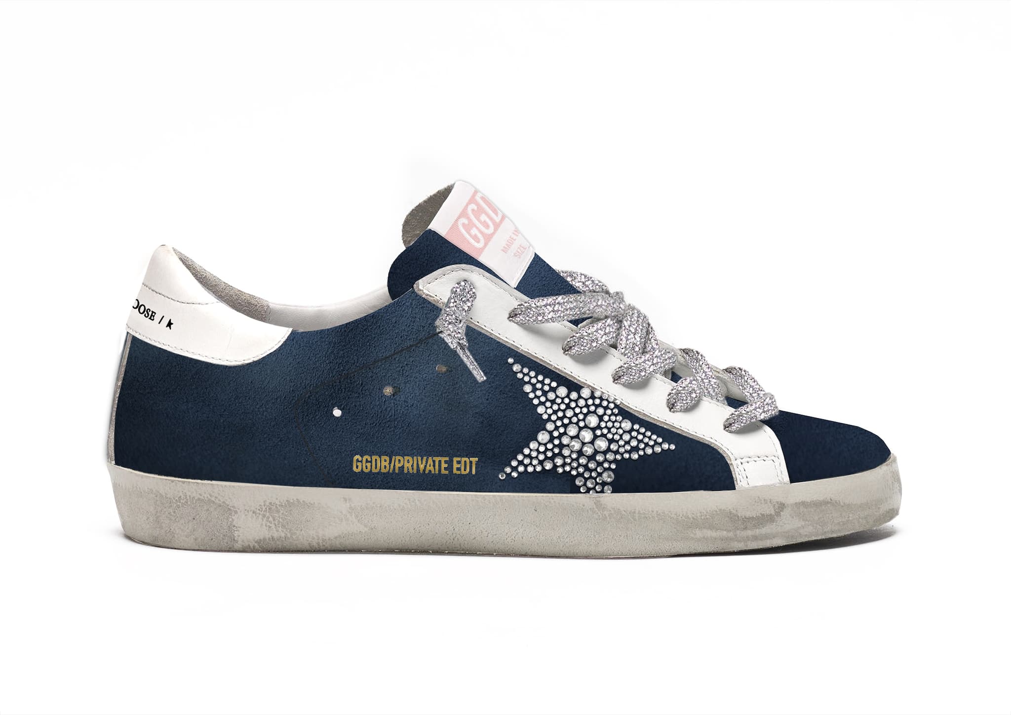 Women | Super-Star Sneakers Blue Suede with Crystal Star & White Leather Heel | Dark Blue x Silver x White