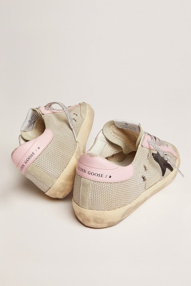 Women | Super-Star Sneakers Cream Mesh with Black Suede Star & Pink Leather Heel Tab & Insert | Silver x Black x Baby Pink - Image 2