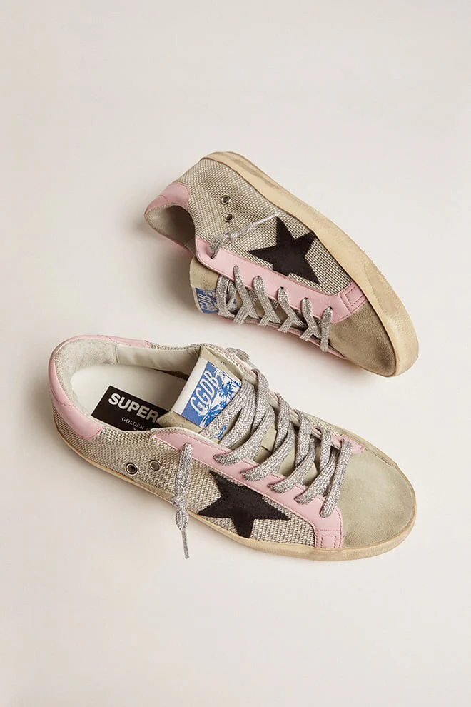 Women | Super-Star Sneakers Cream Mesh with Black Suede Star & Pink Leather Heel Tab & Insert | Silver x Black x Baby Pink - Image 3
