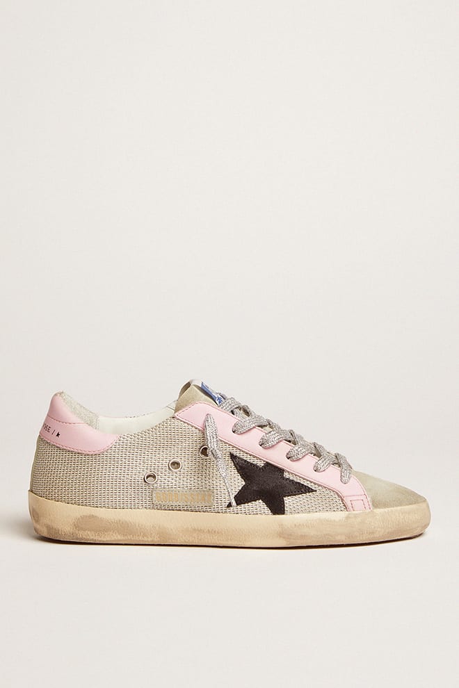 Women | Super-Star Sneakers Cream Mesh with Black Suede Star & Pink Leather Heel Tab & Insert | Silver x Black x Baby Pink - Image 4