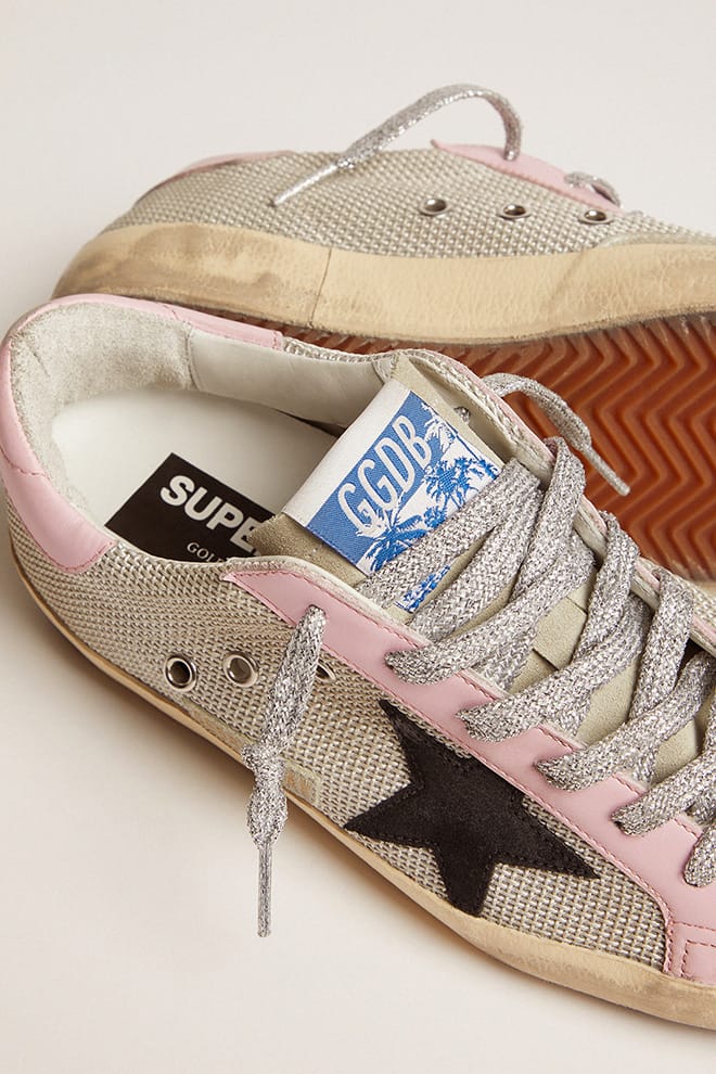 Women | Super-Star Sneakers Cream Mesh with Black Suede Star & Pink Leather Heel Tab & Insert | Silver x Black x Baby Pink - Image 6
