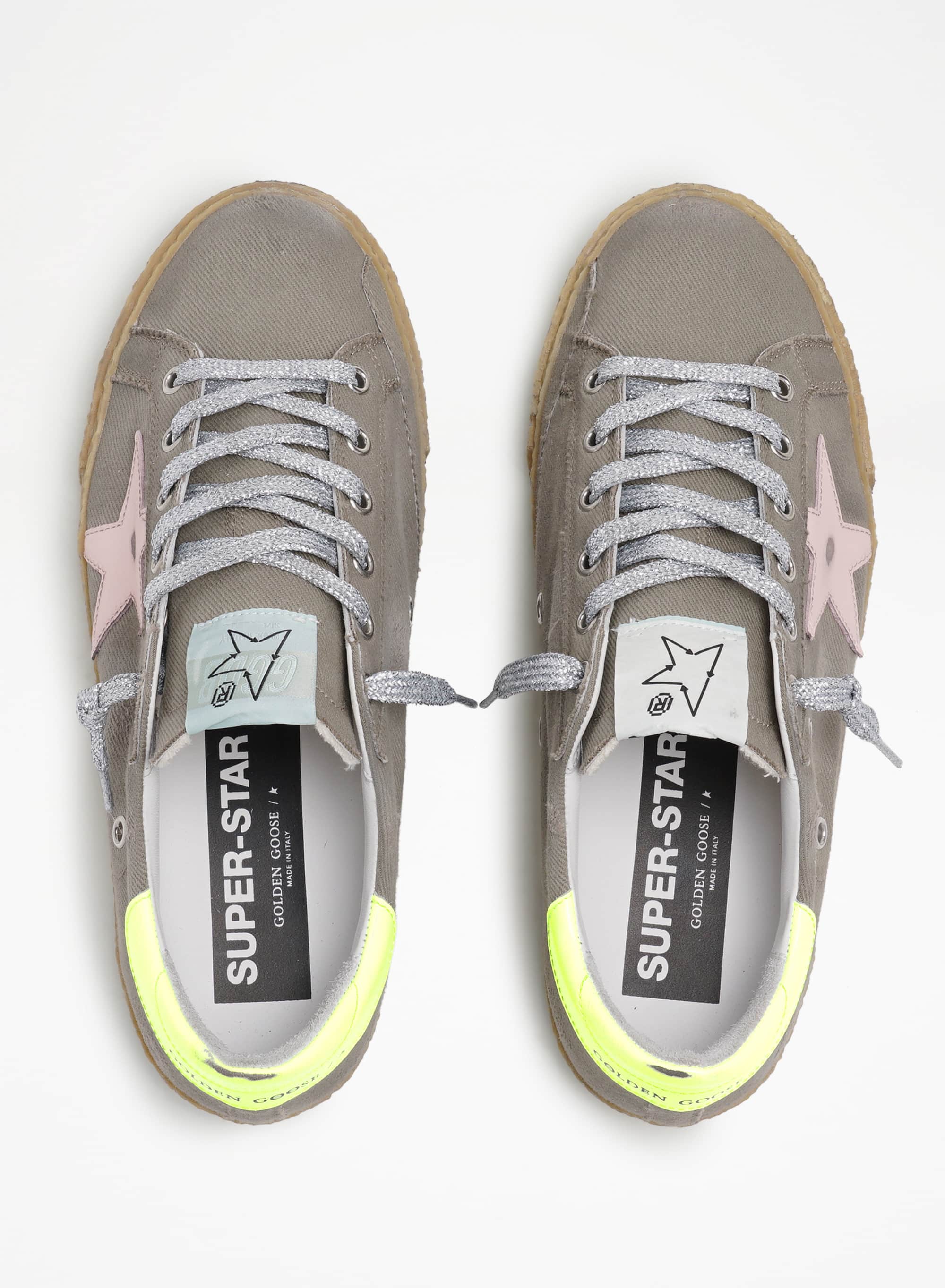 Women | Super-Star Sneakers Dark Grey Nylon with Pink Leather Star & Fluorescent Yellow Leather Heel Tab | Olive Green x Dawn Rose x Fluo Yellow