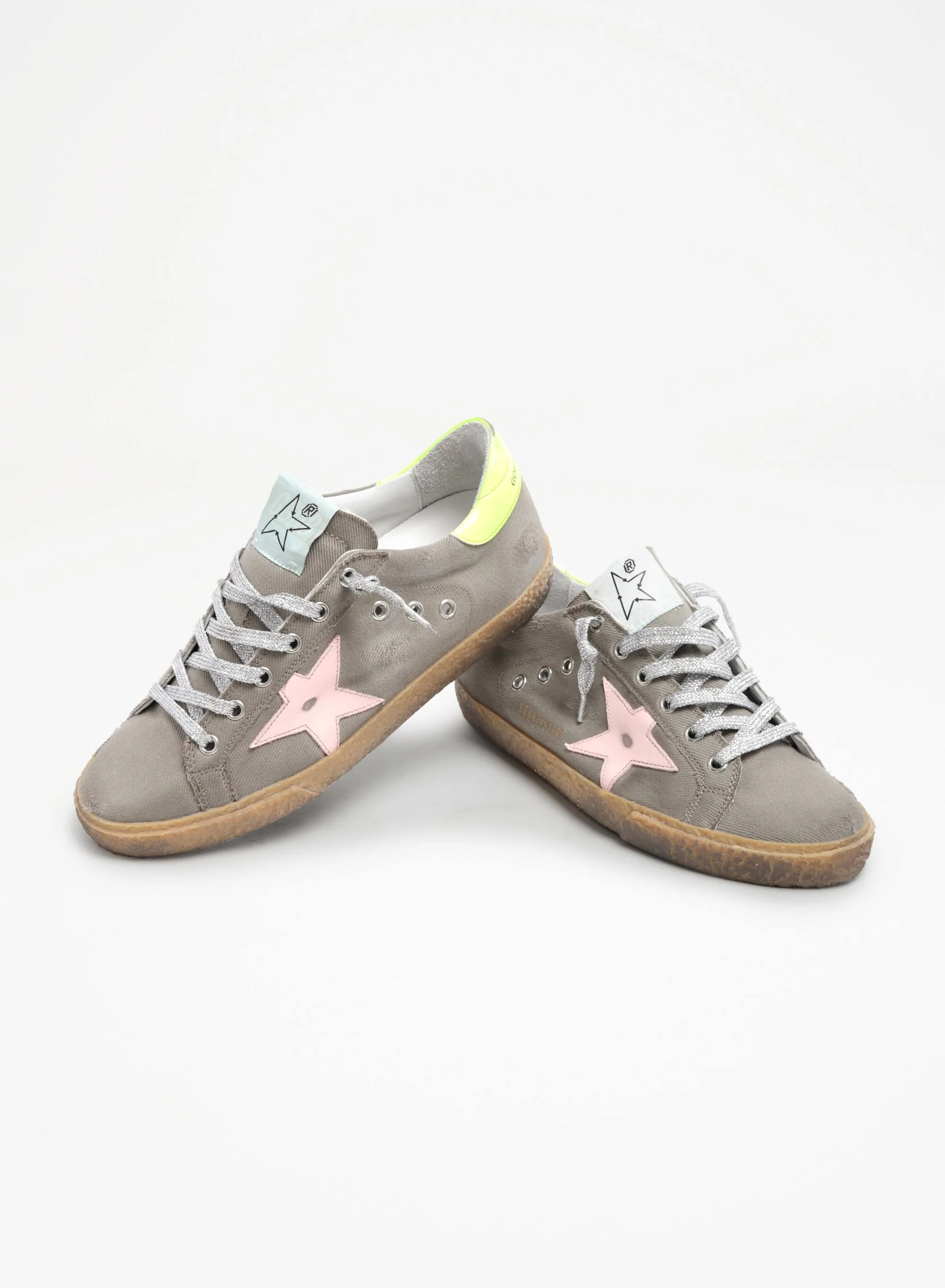 Women | Super-Star Sneakers Dark Grey Nylon with Pink Leather Star & Fluorescent Yellow Leather Heel Tab | Olive Green x Dawn Rose x Fluo Yellow - Image 2