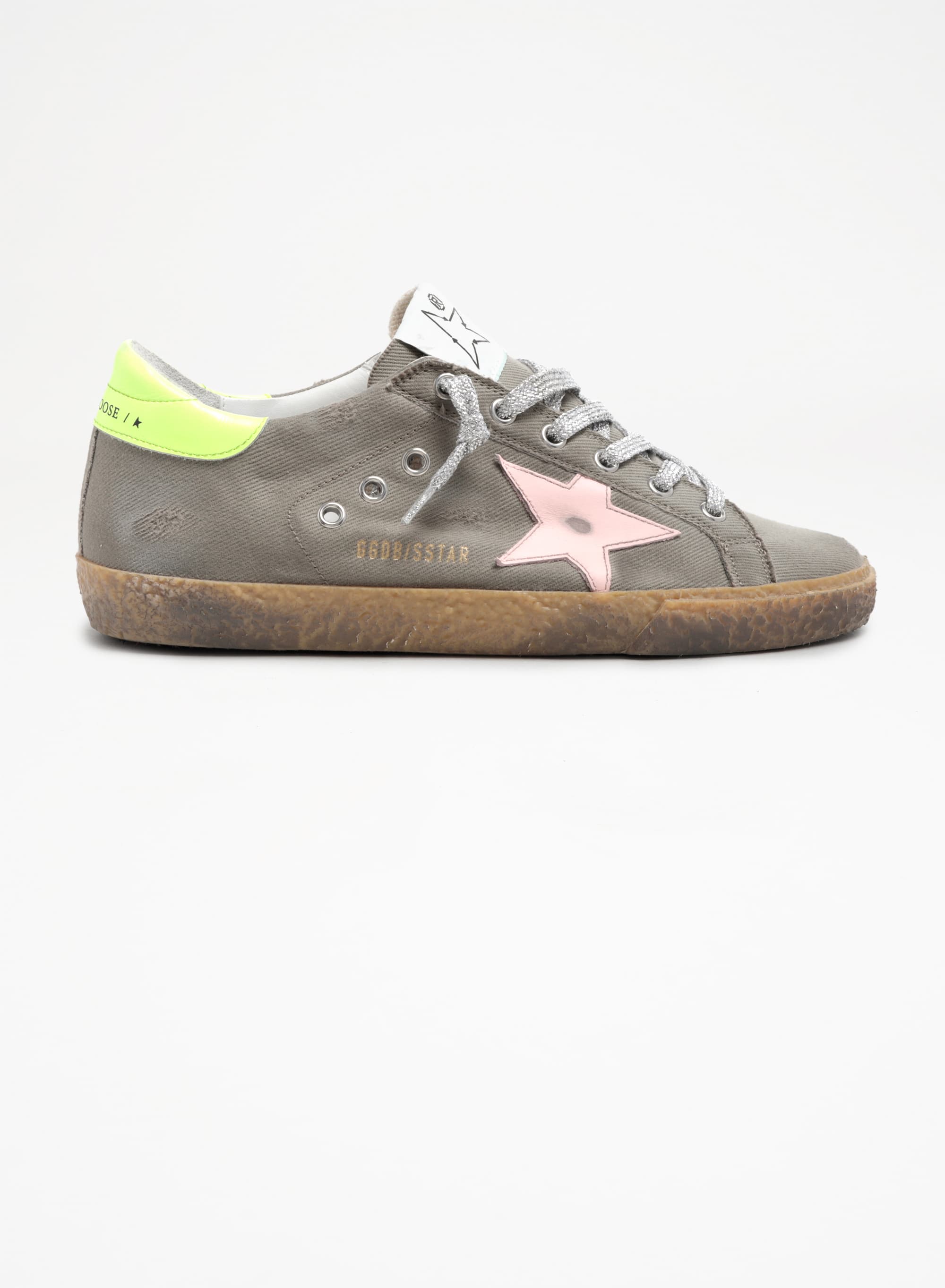 Women | Super-Star Sneakers Dark Grey Nylon with Pink Leather Star & Fluorescent Yellow Leather Heel Tab | Olive Green x Dawn Rose x Fluo Yellow - Image 4
