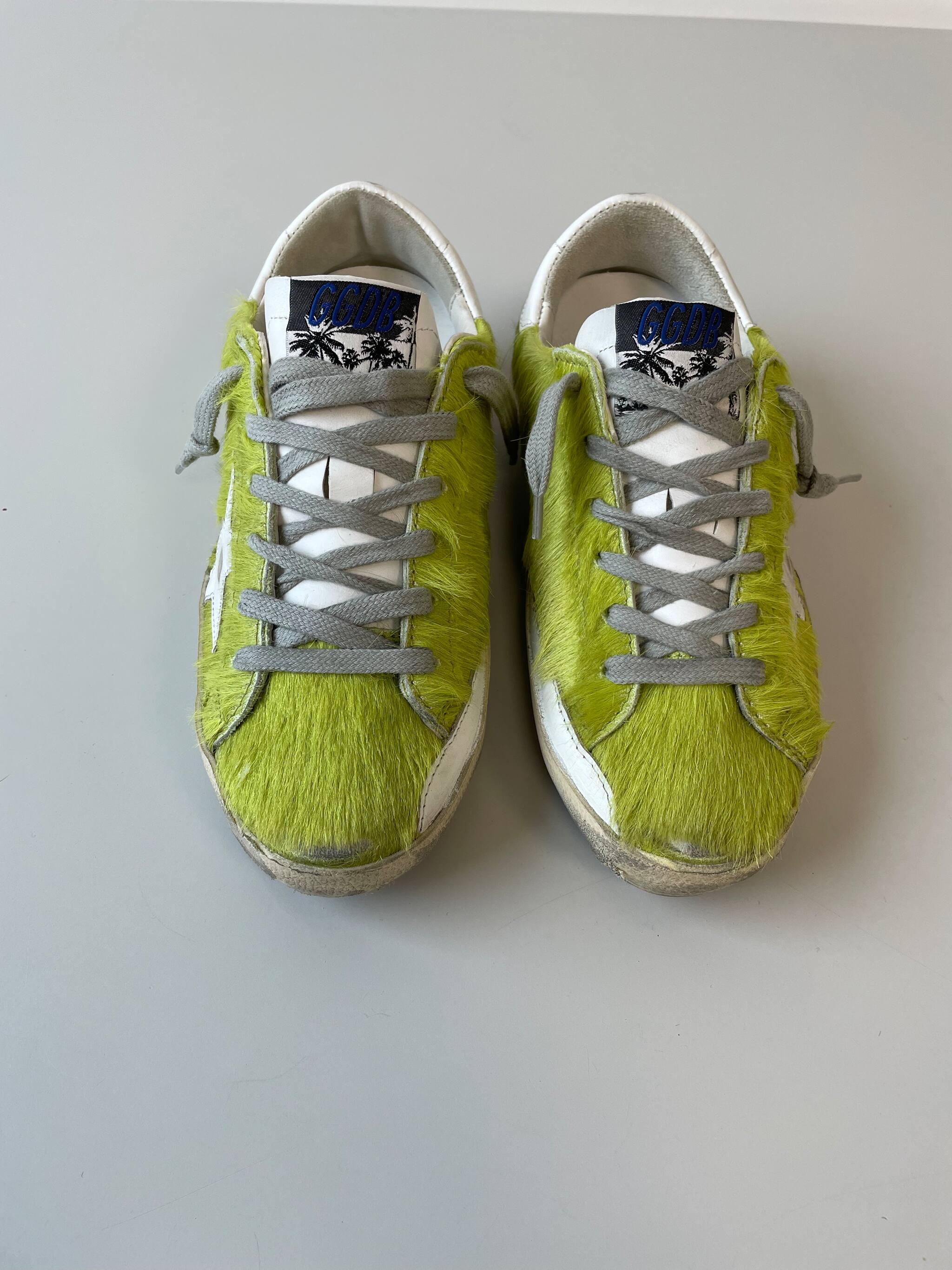 Women | Super-Star Sneakers Fluorescent Yellow Pony Skin with White Leather Star & Heel Tab