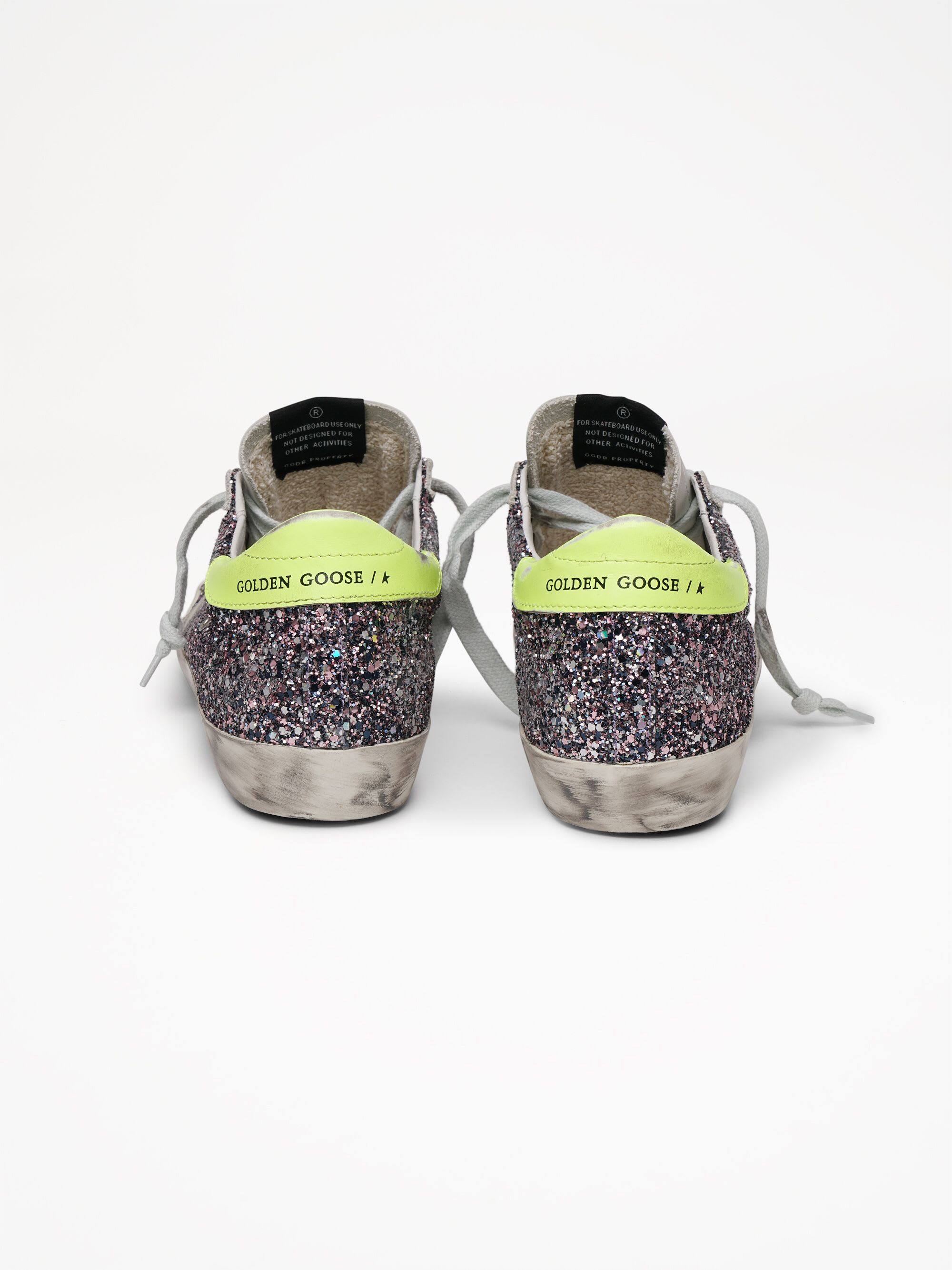 Women | Super-Star Sneakers Glitter with Grey Leather Star & Fluorescent Yellow Leather Heel Tab