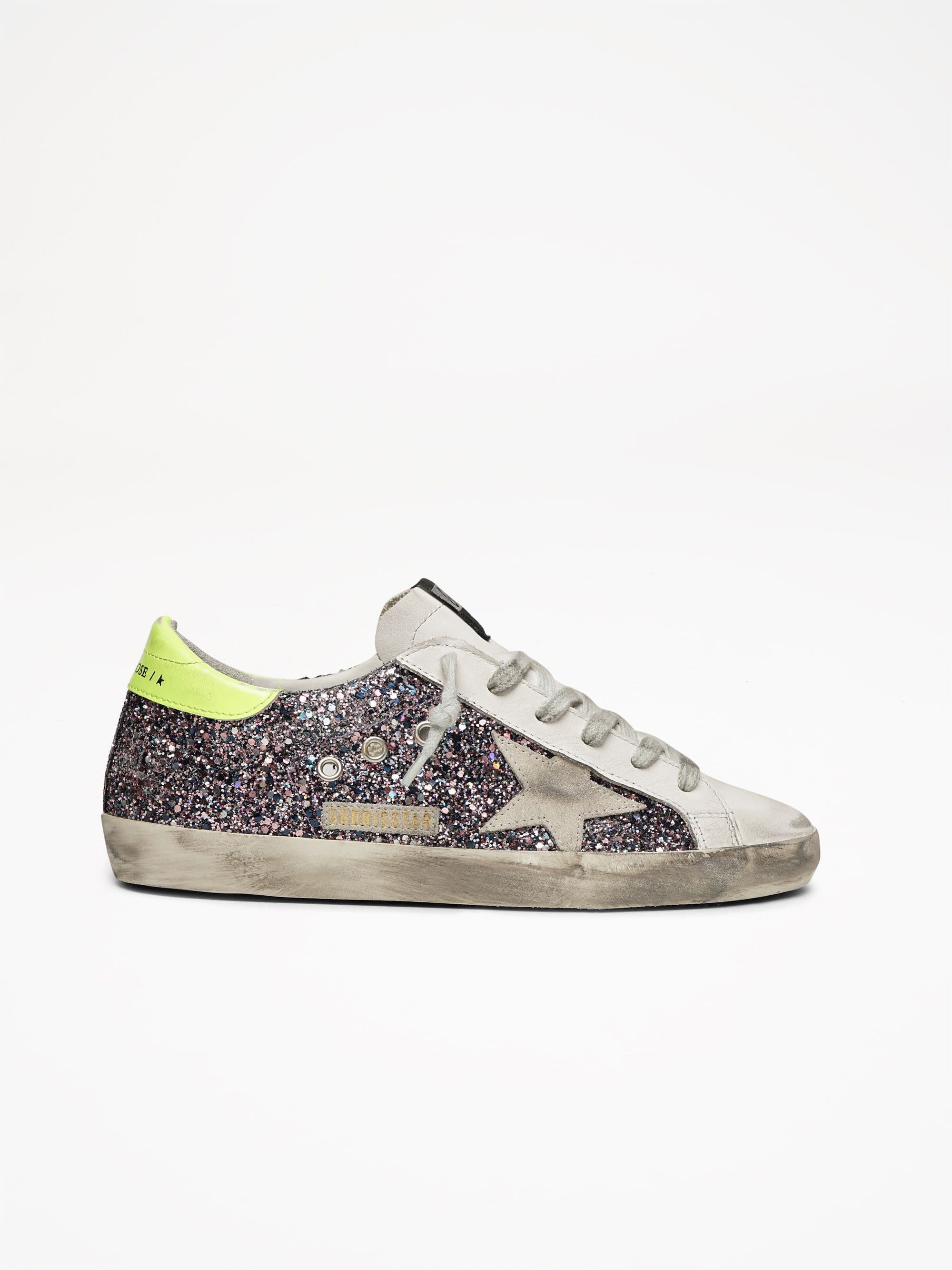 Women | Super-Star Sneakers Glitter with Grey Leather Star & Fluorescent Yellow Leather Heel Tab - Image 4