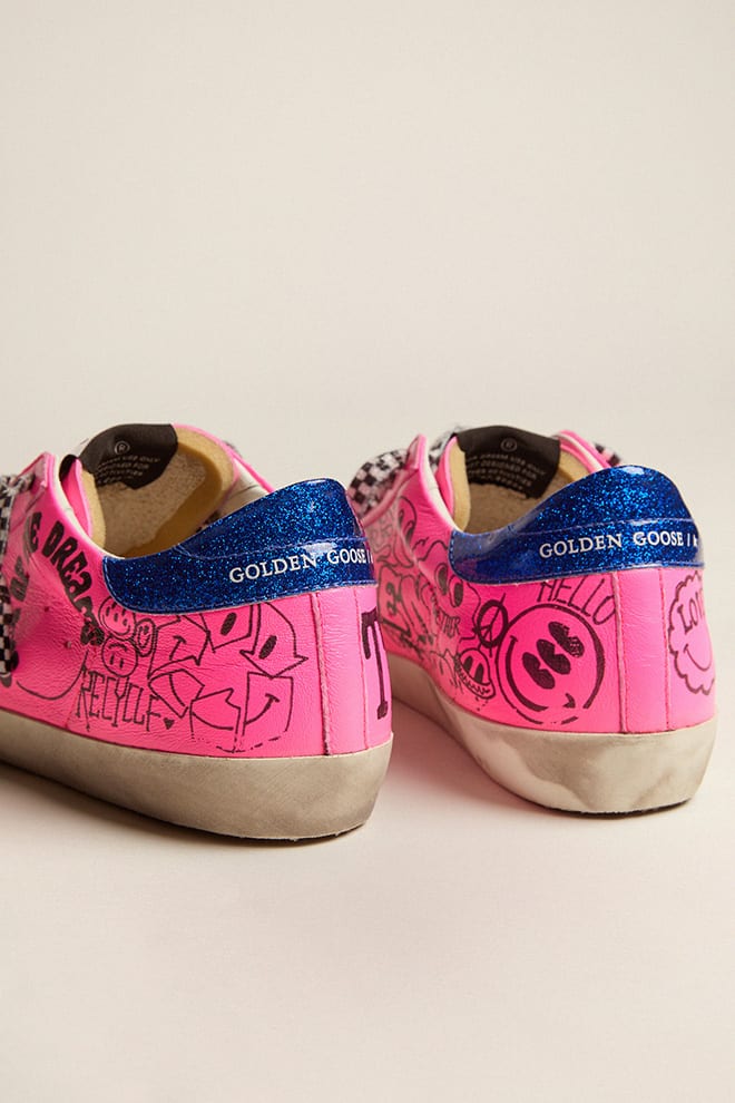 Women | Super-Star Sneakers Hot Pink Leather with Graffiti Print & White Star | Fuchsia Black x White x Electric Blue - Image 2