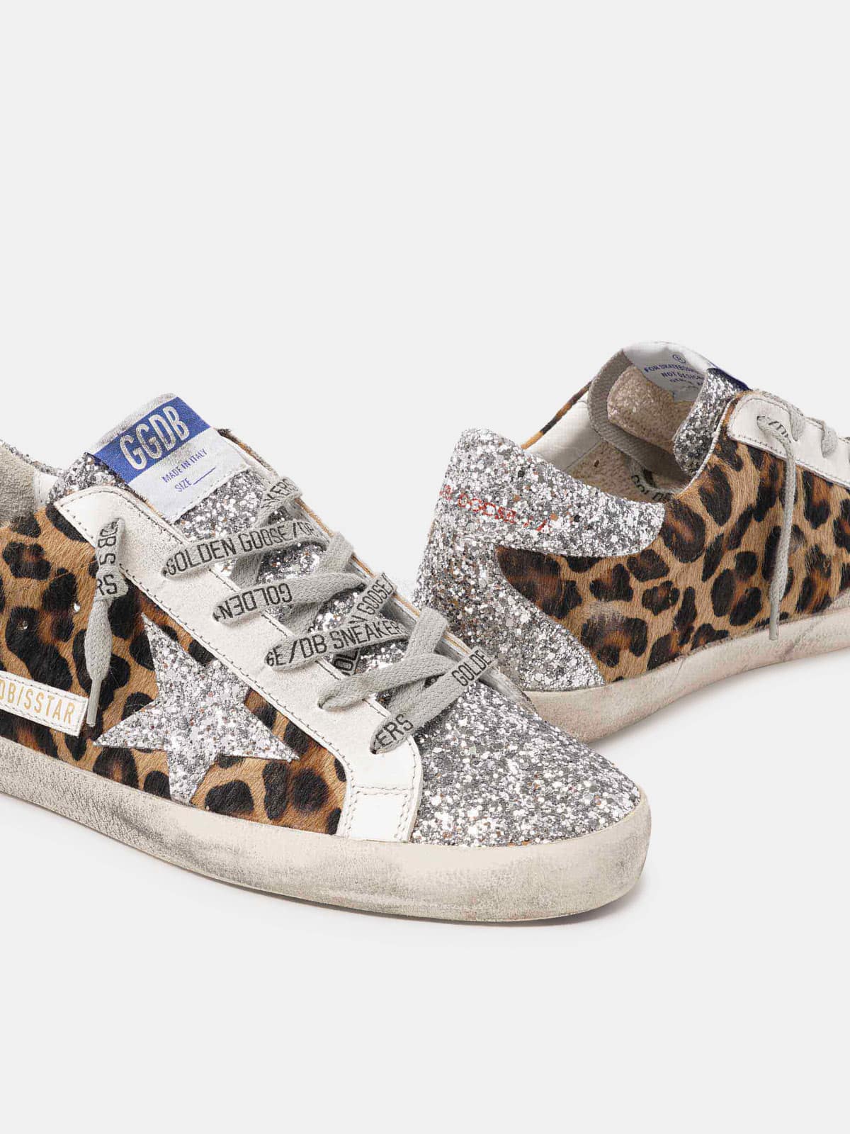 Women | Super-Star Sneakers Leopard Pony Skin with Silver Glitter Star & Heel Tab | Silver x Brown Black Leo