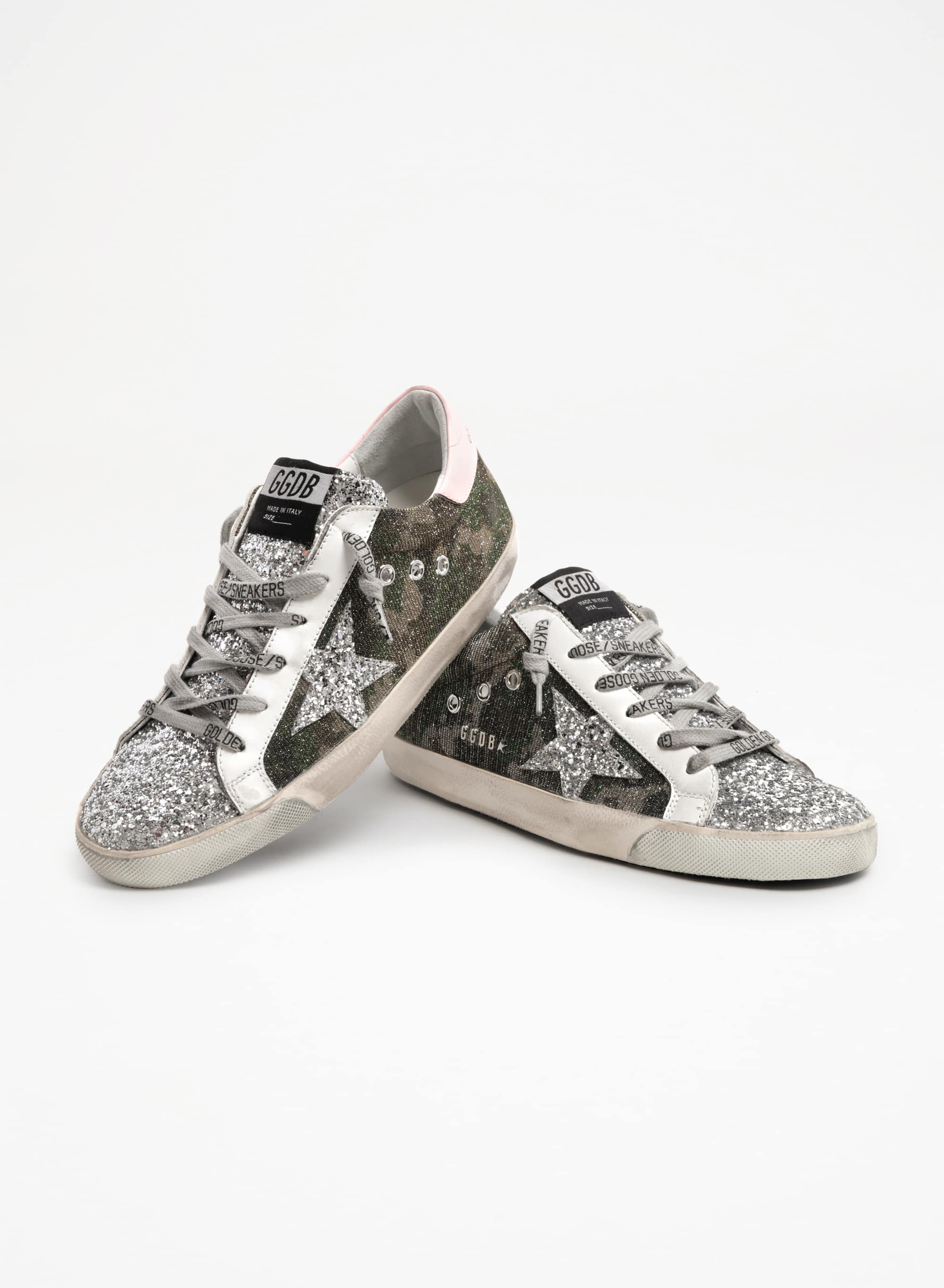 Women | Super-Star Sneakers Mimetic Glitter with Silver Glitter Star & Insert & Pink Leather Heel Tab | Green Camouflage x Silver x Pink x White - Image 3