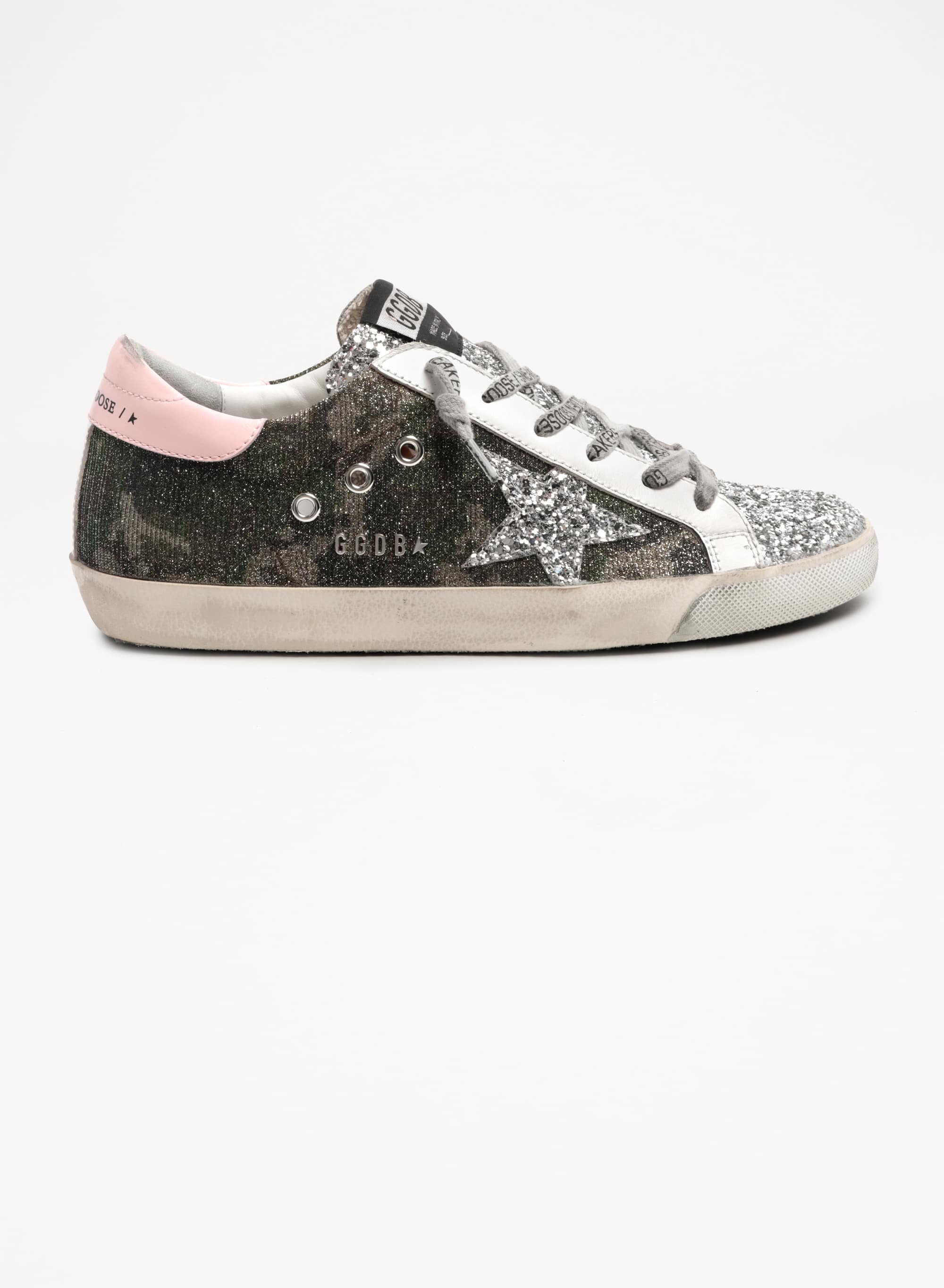 Women | Super-Star Sneakers Mimetic Glitter with Silver Glitter Star & Insert & Pink Leather Heel Tab | Green Camouflage x Silver x Pink x White - Image 7