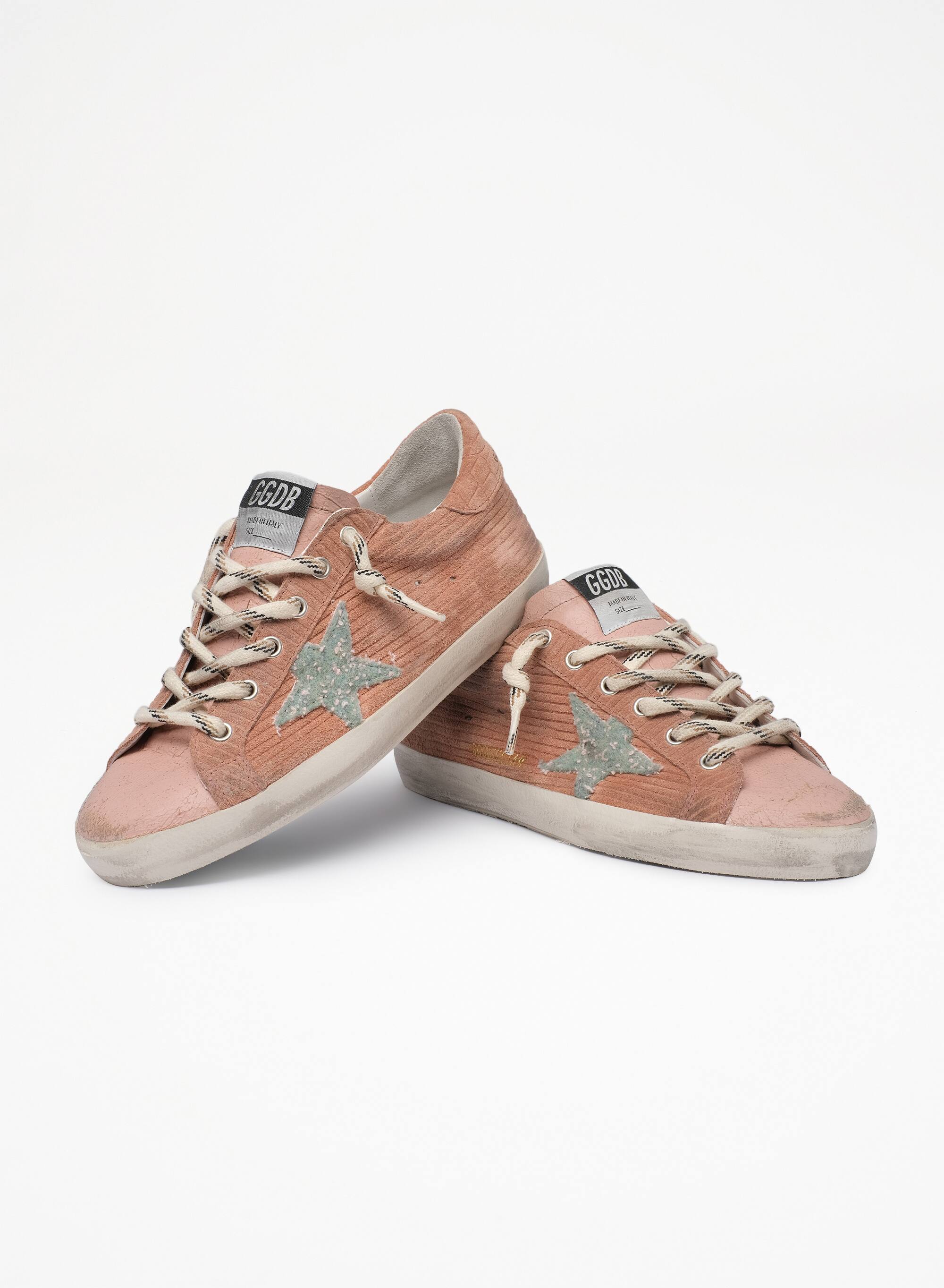 Women | Super-Star Sneakers Peach-Pink Suede with Corduroy Print & Bouclé Star | Malva x Green Pink x Silver
