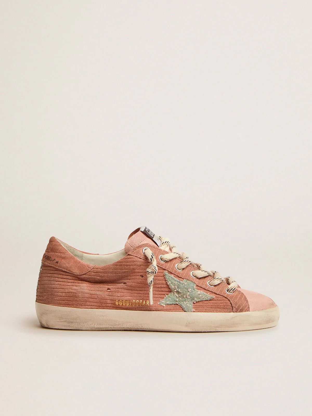 Women | Super-Star Sneakers Peach-Pink Suede with Corduroy Print & Bouclé Star | Malva x Green Pink x Silver - Image 5