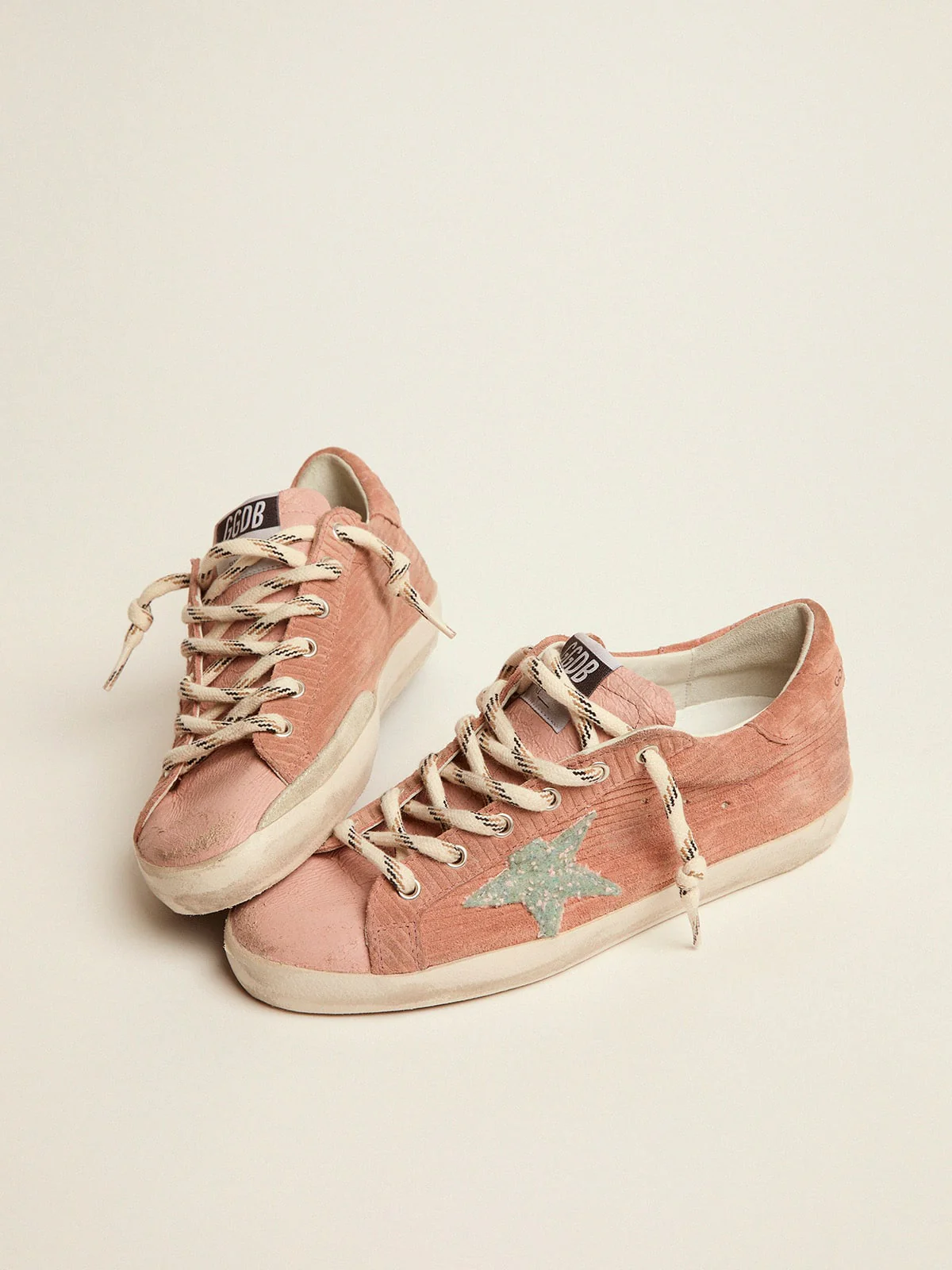 Women | Super-Star Sneakers Peach-Pink Suede with Corduroy Print & Bouclé Star | Malva x Green Pink x Silver - Image 8