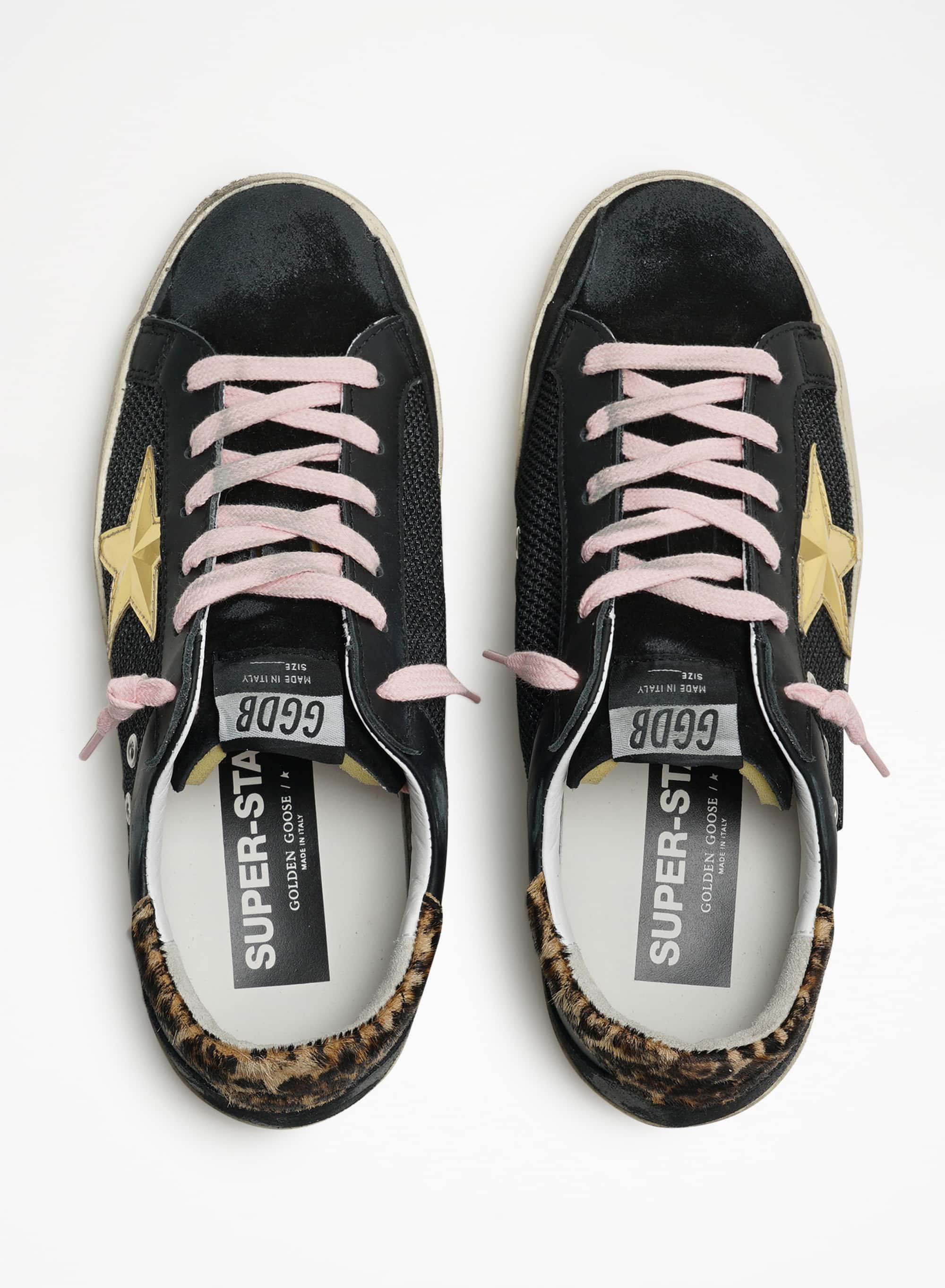 Women | Super-Star Sneakers Perforated Leather with Golden 3D Star | Black x Gold x Beige Brown Leo - Image 2