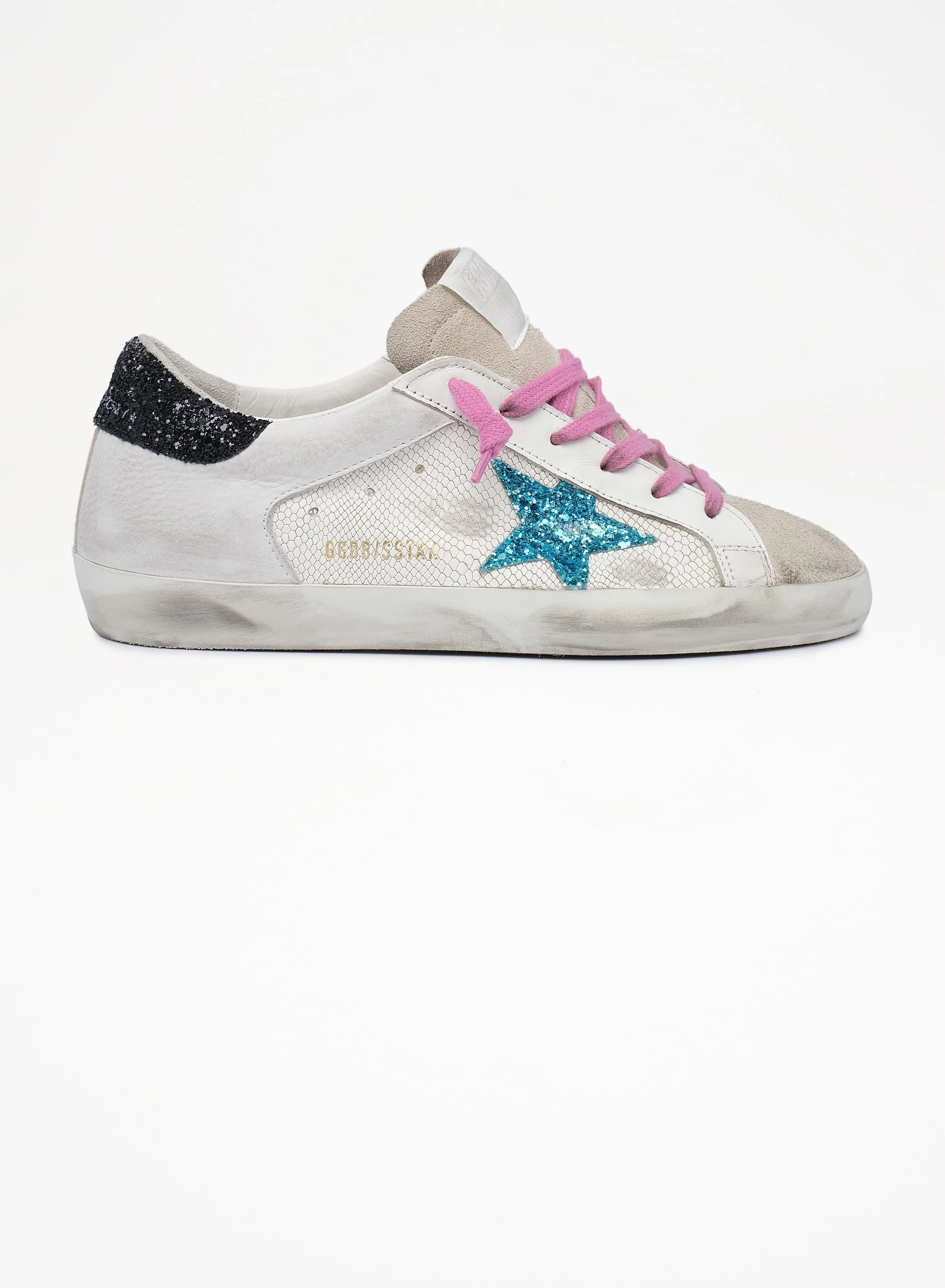 Women | Super-Star Sneakers Phyton White Leather with Glitter Star & Heel Tab | White x Light Blue x Dark Blue