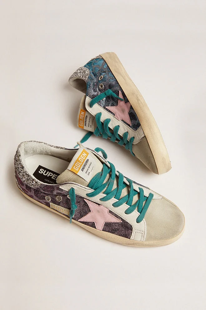 Women | Super-Star Sneakers Pink Leopard Print with Pink Leather Star & Silver Glitter Heel Tab | Purple Black Leo x Ice x Orchid Pink x Silver - Image 4