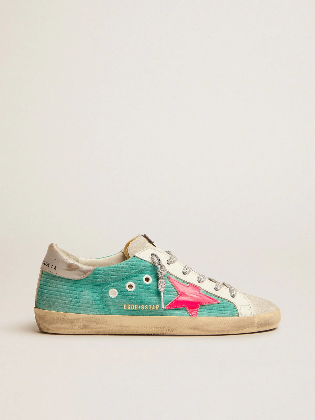 Women | Super-Star Sneakers Turquoise Suede with Corduroy Print & Fluorescent Pink Leather Star | Maldive x Fluo Pink x Optic White x Silver - Image 2