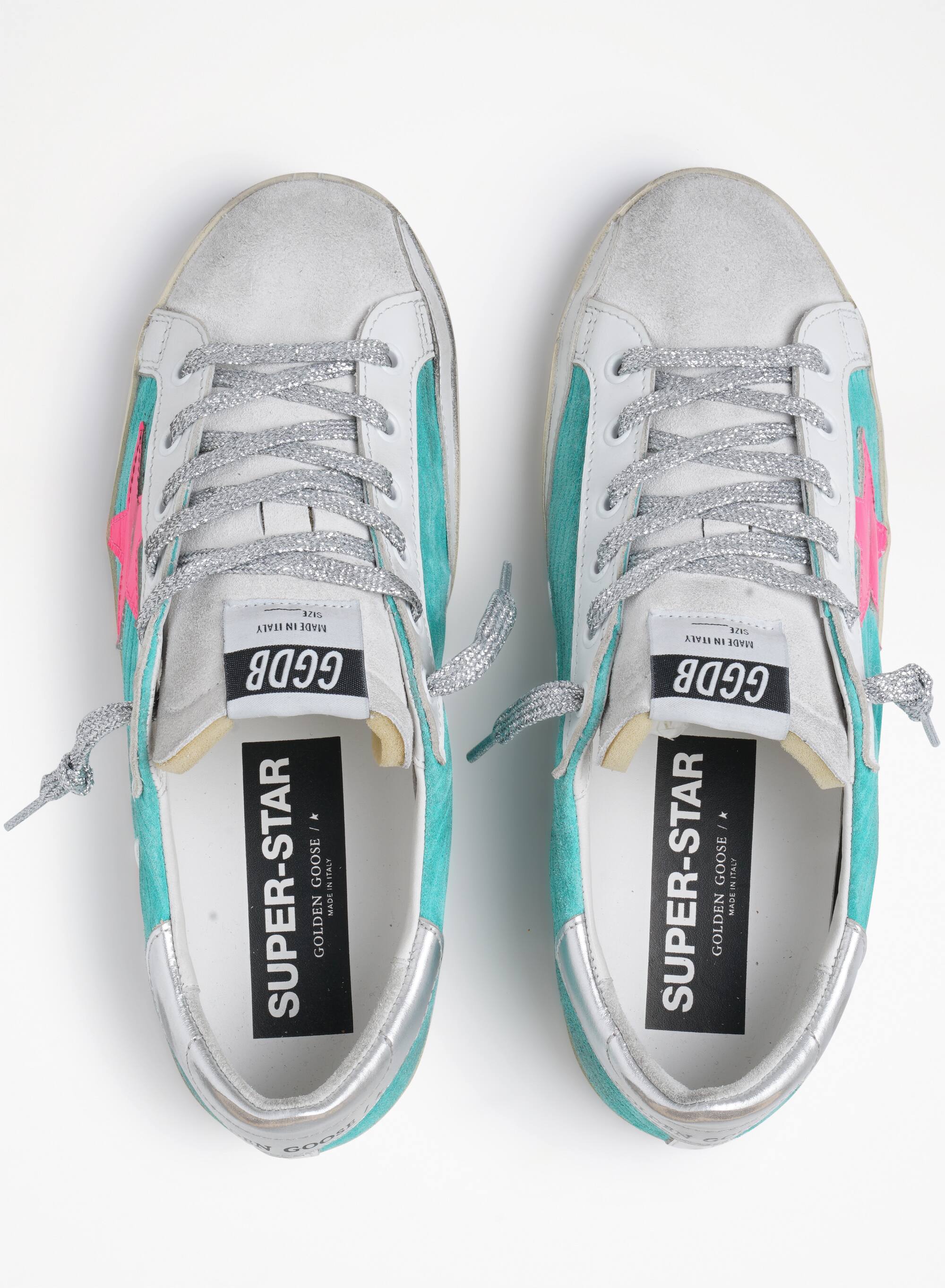 Women | Super-Star Sneakers Turquoise Suede with Corduroy Print & Fluorescent Pink Leather Star | Maldive x Fluo Pink x Optic White x Silver - Image 3