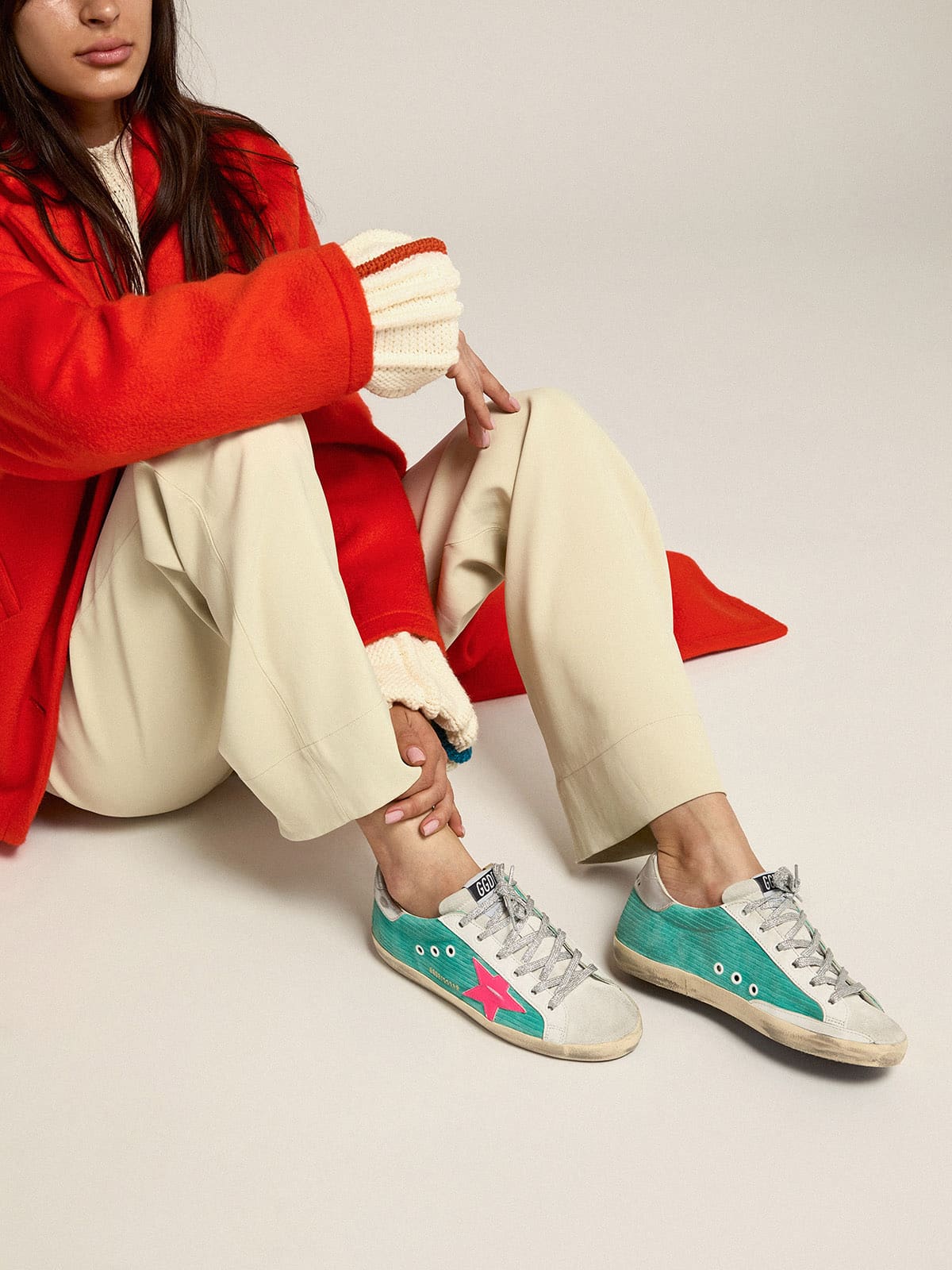 Women | Super-Star Sneakers Turquoise Suede with Corduroy Print & Fluorescent Pink Leather Star | Maldive x Fluo Pink x Optic White x Silver - Image 4