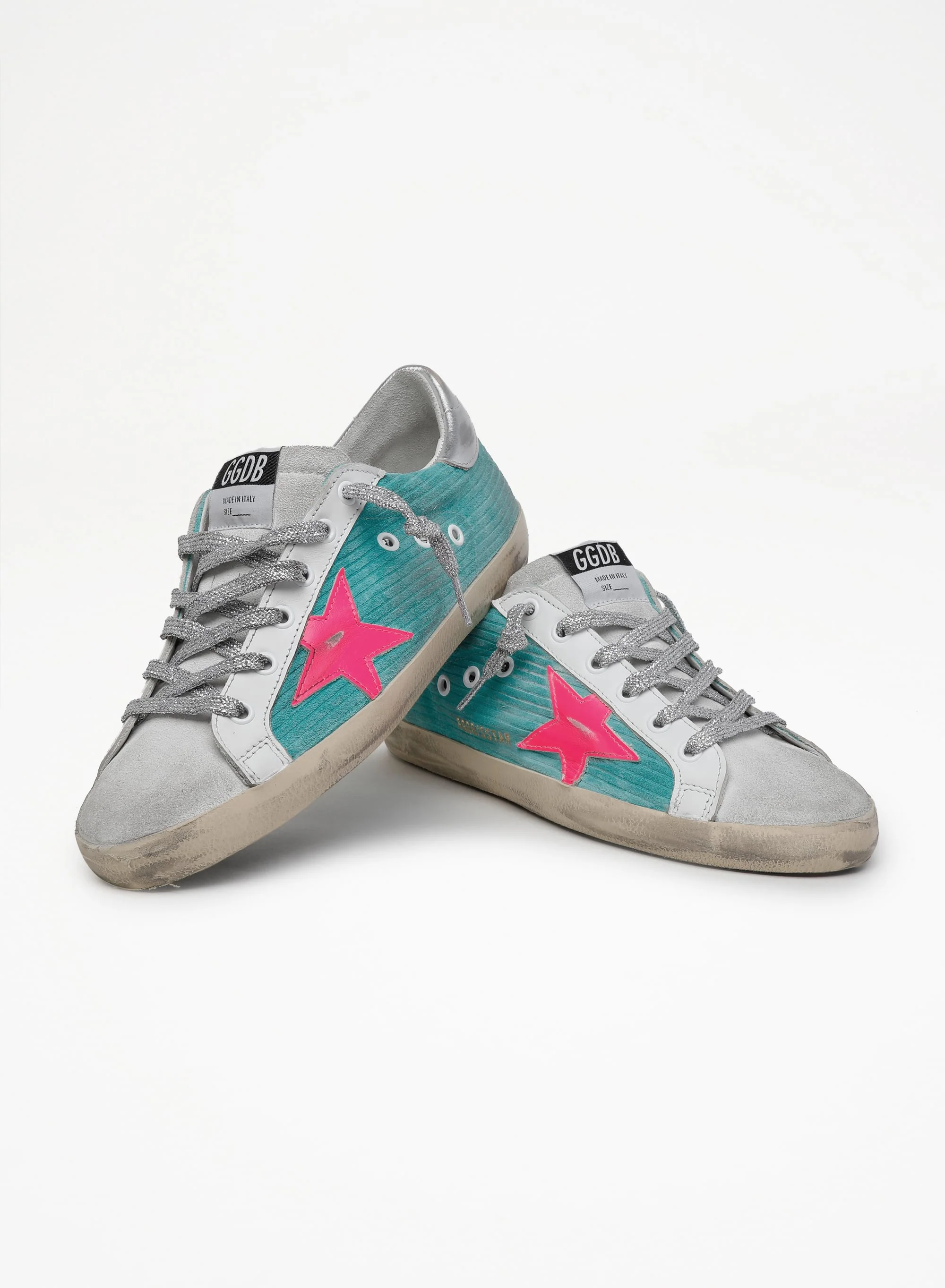 Women | Super-Star Sneakers Turquoise Suede with Corduroy Print & Fluorescent Pink Leather Star | Maldive x Fluo Pink x Optic White x Silver - Image 7