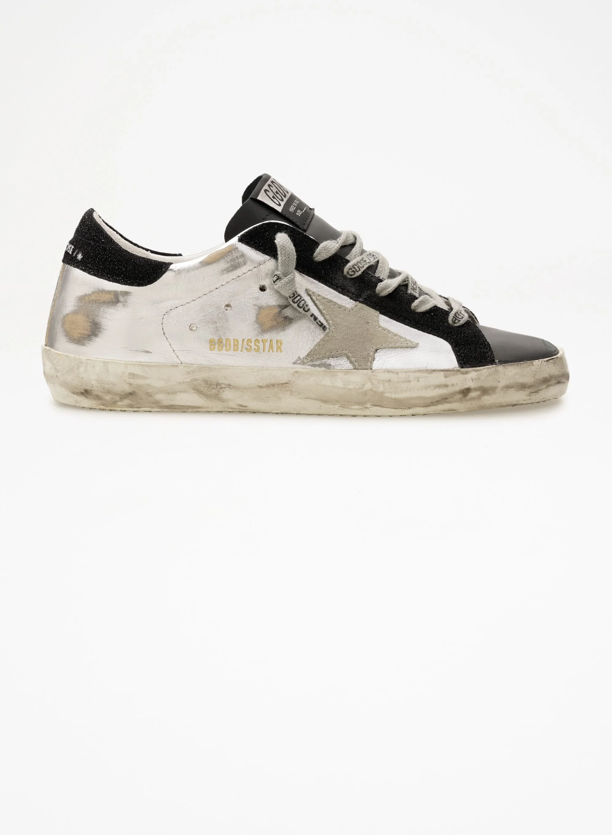 Women | Super-Star Sneakers White Distressed Leather with Grey Suede Star & Black Suede Heel Tab | Silver x Black x Ice - Image 6